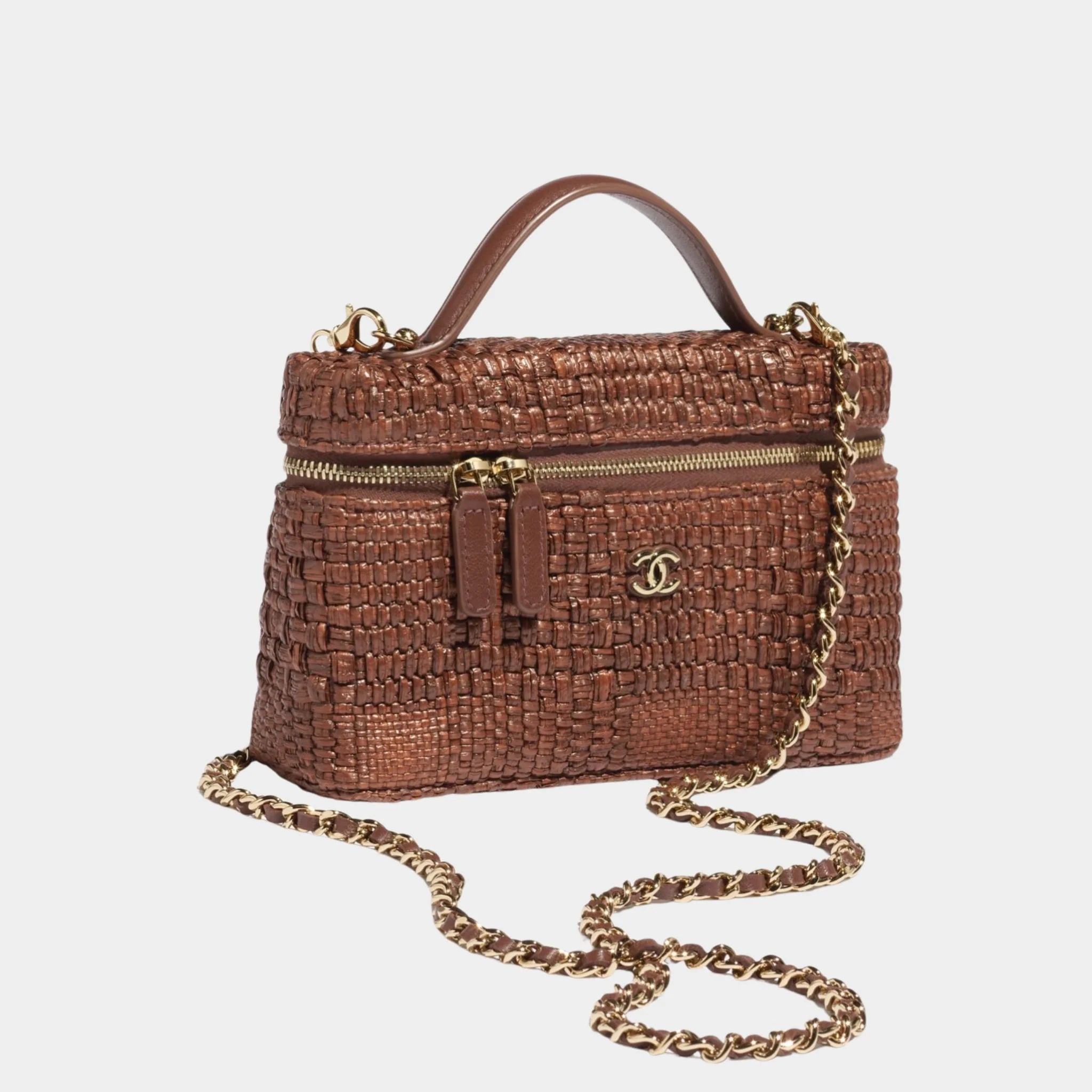 Chanel Classic Vanity With Chain Braided Raffia & Gold Tone Metal, Brown , Side