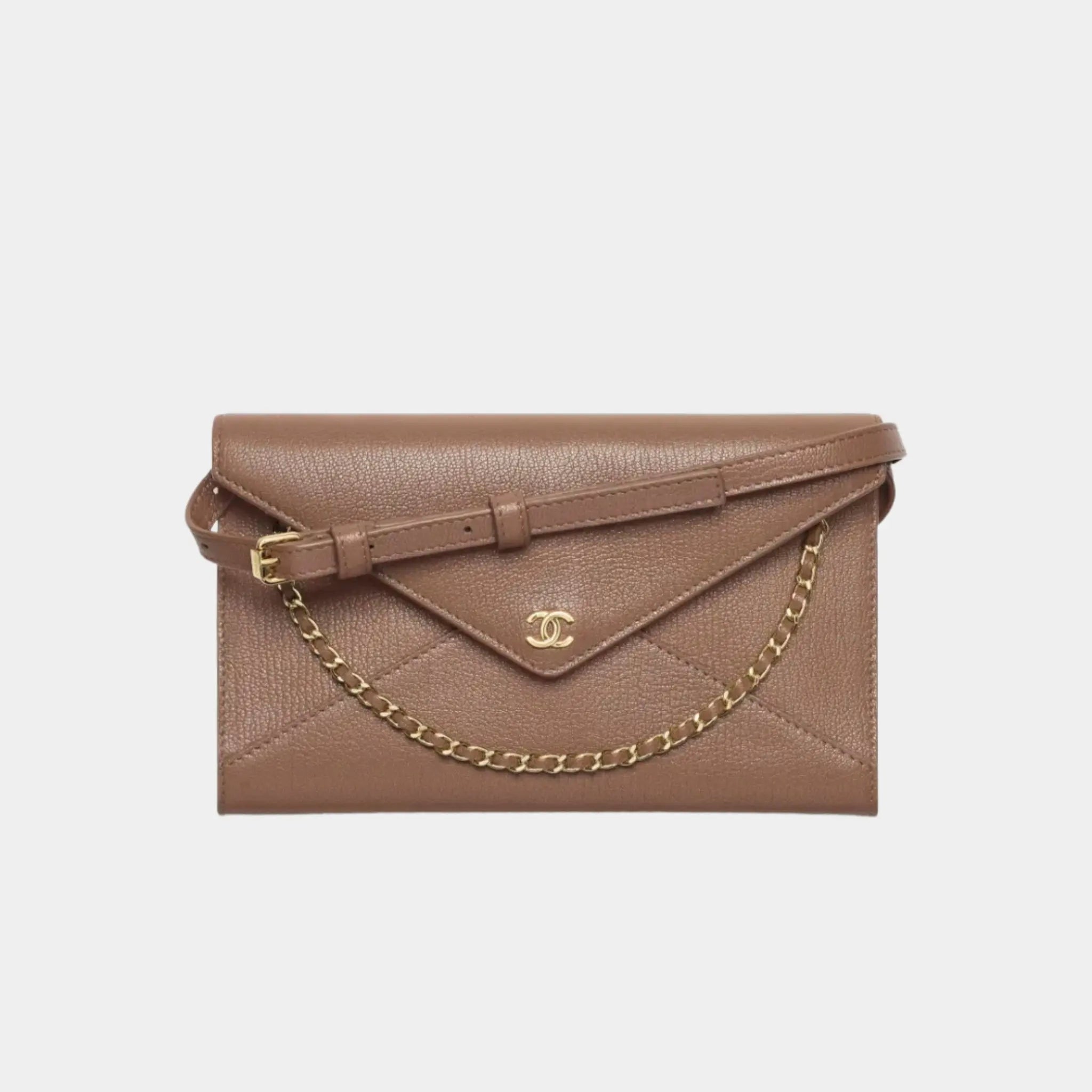 Clutch with Leather Strap in Grained Goatskin & Gold Metal
