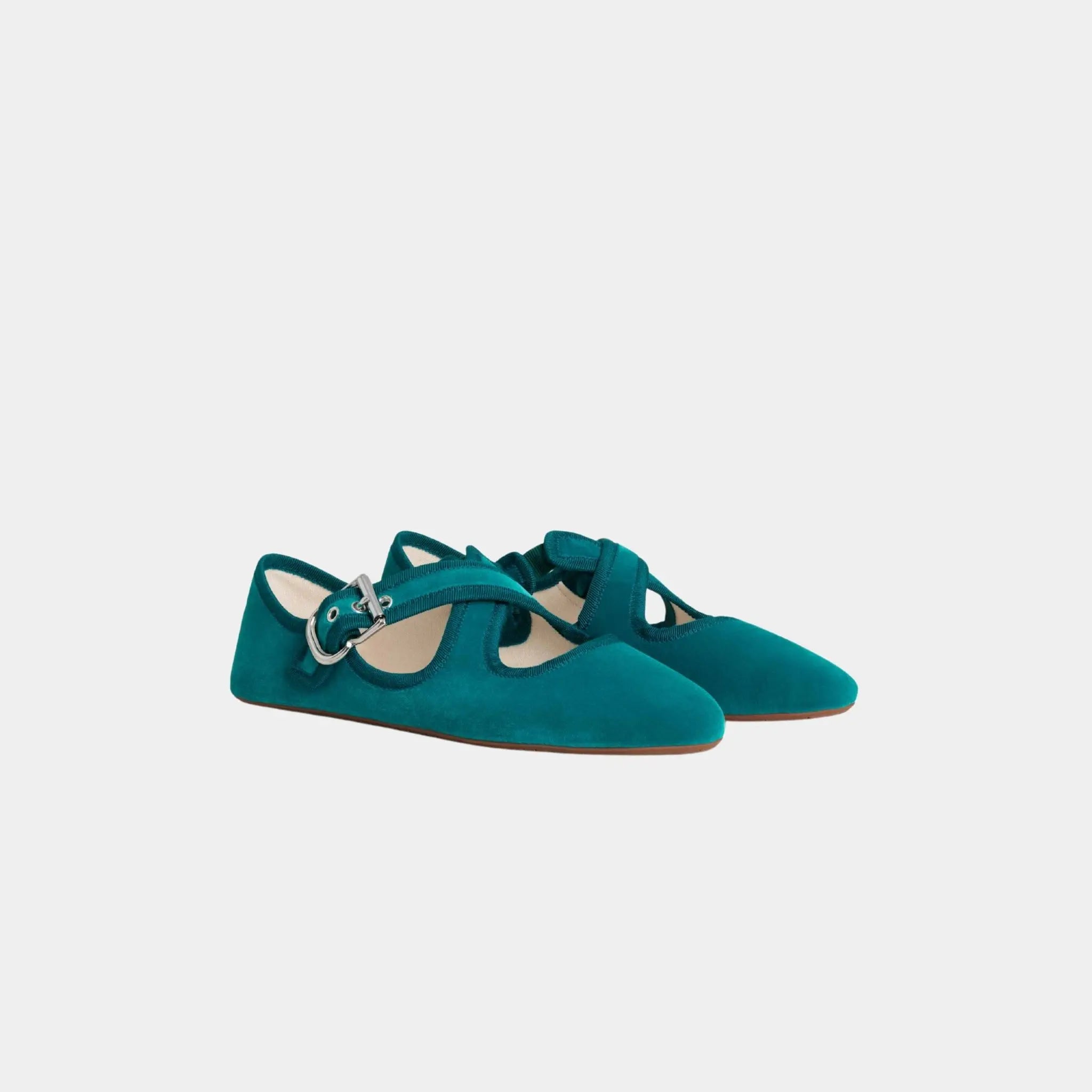 Alaia Criss Cross Ballet Flats in Velvet, Green, Front
