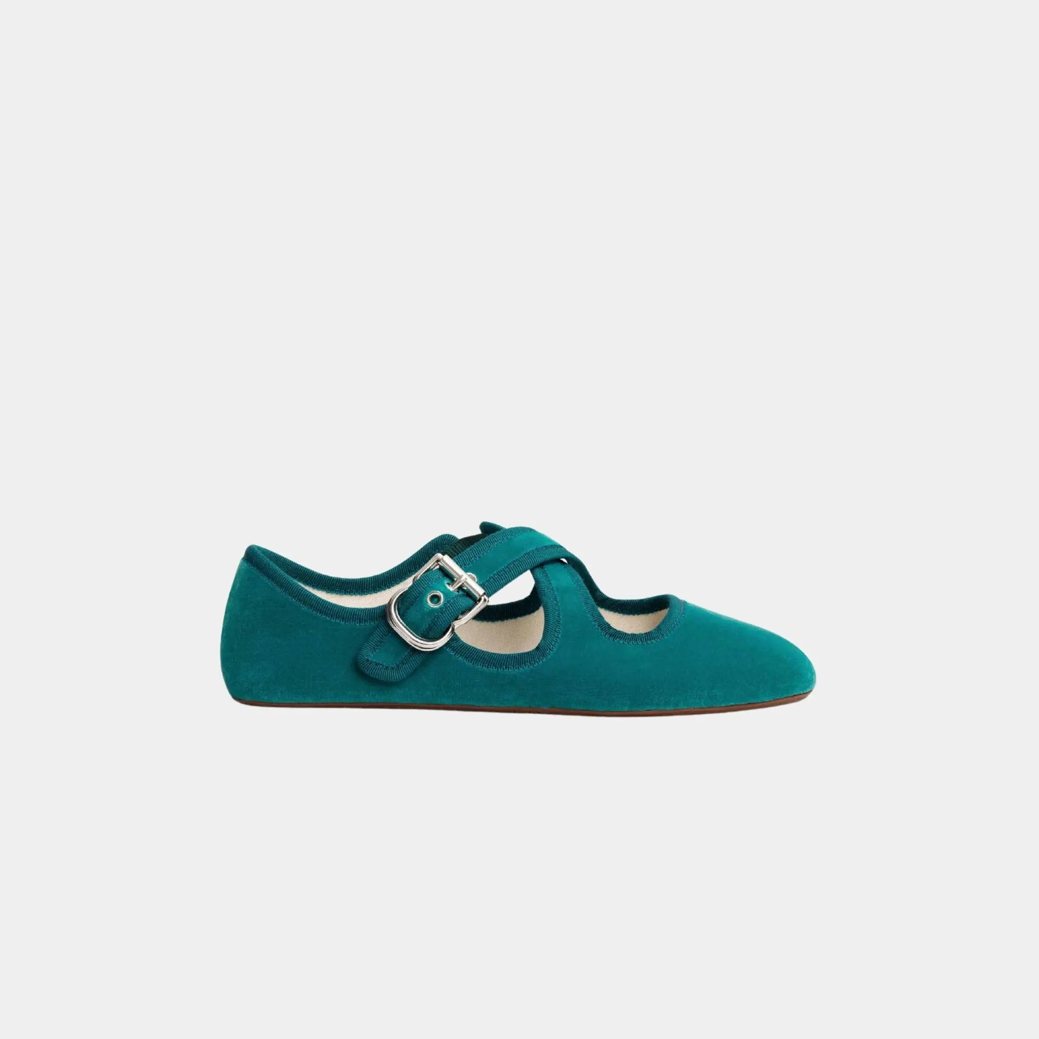 Alaia Criss Cross Ballet Flats in Velvet, Green, Side