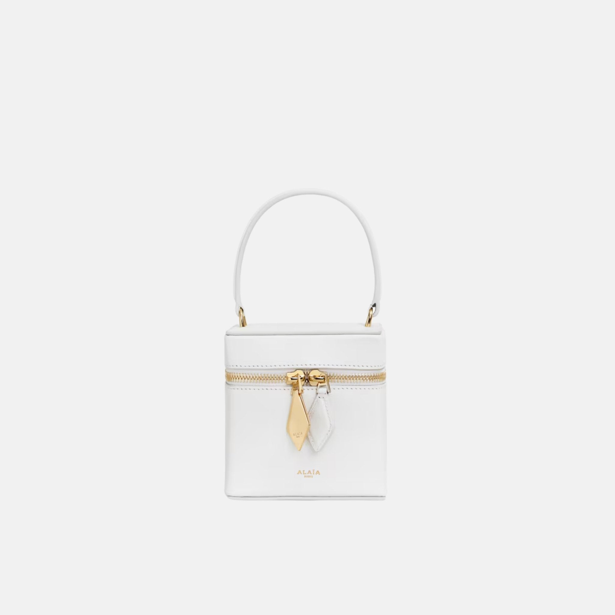 Alaia Cube Vanity Case In Shiny Goatskin, White, Front