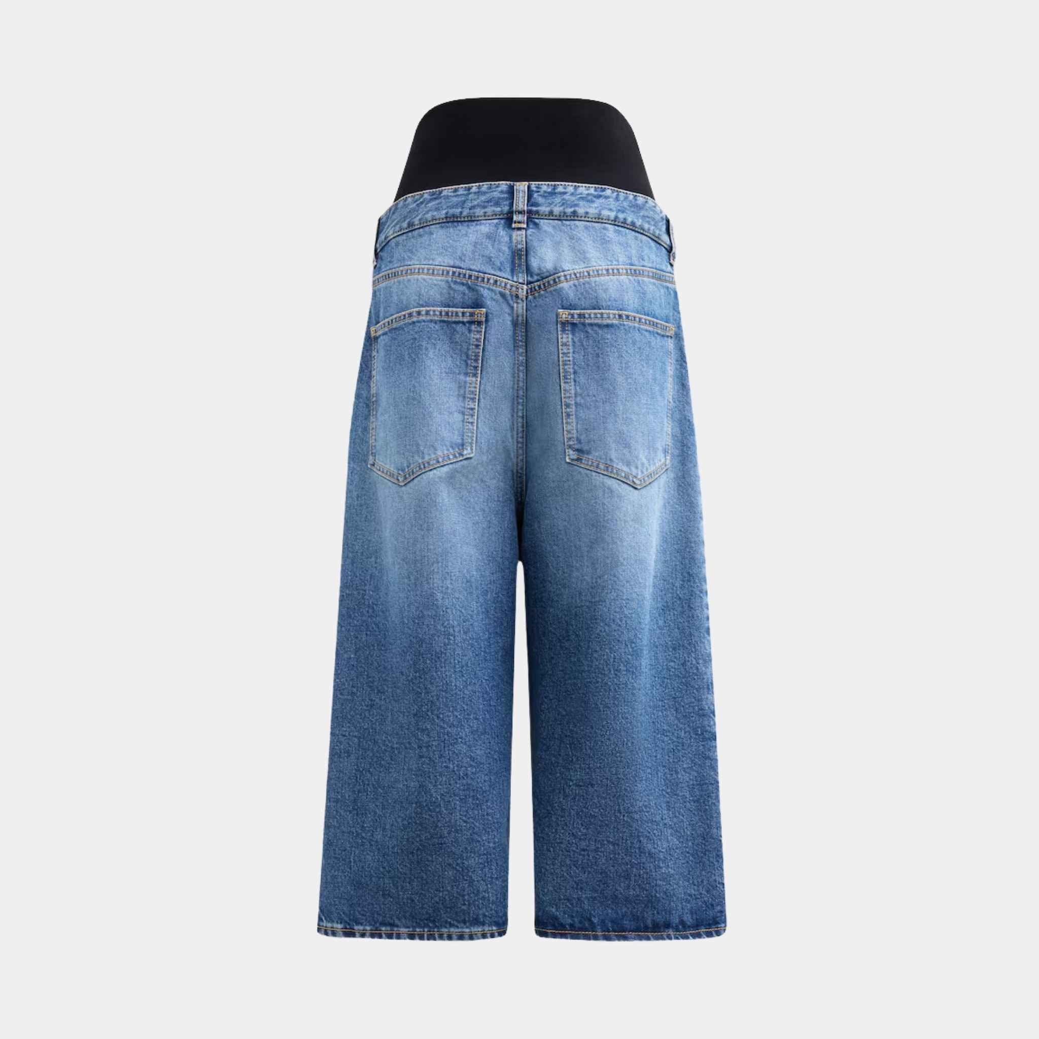 Alaia Denim Bermuda Shorts With Knitted Waistband, Blue Vintage, Back View