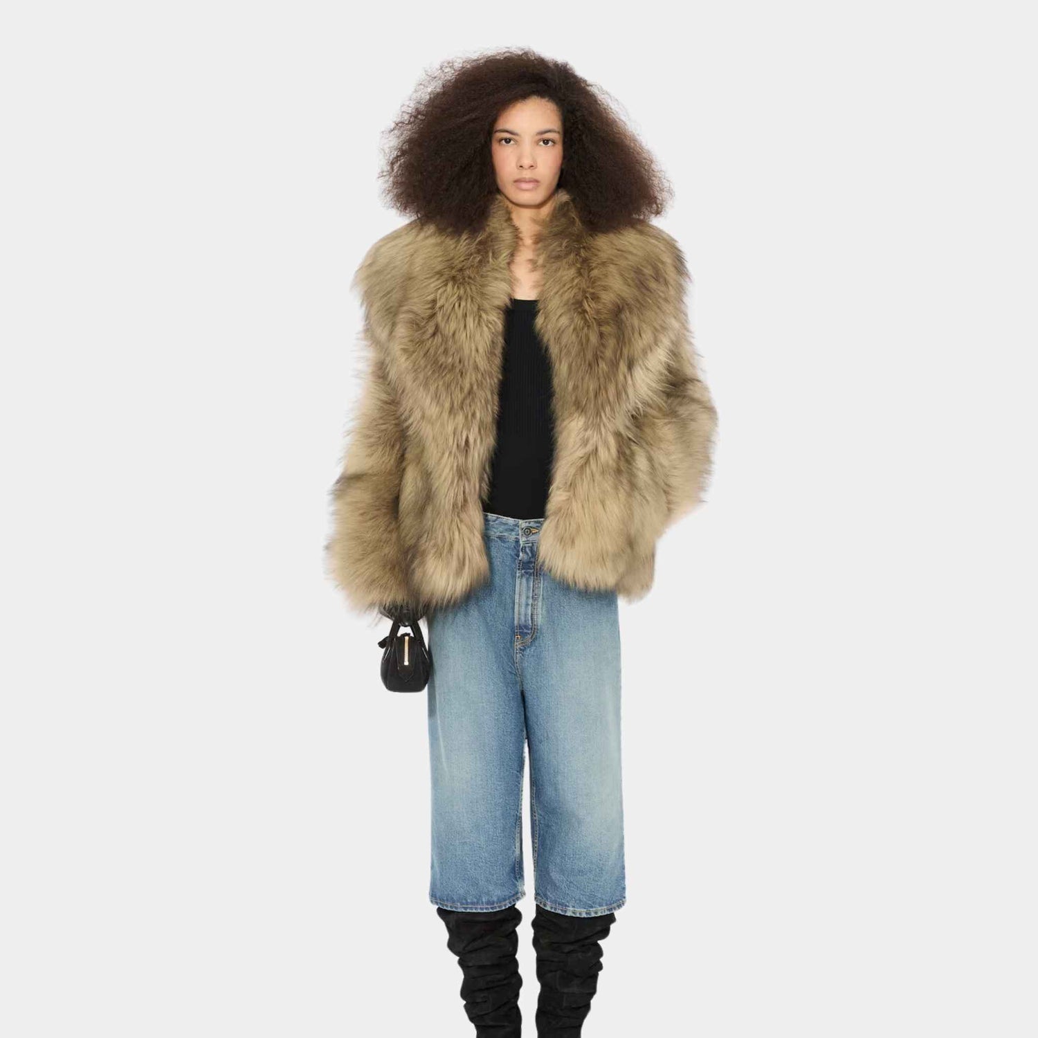 Alaia Denim Bermuda Shorts With Knitted Waistband, Blue Vintage, Model View