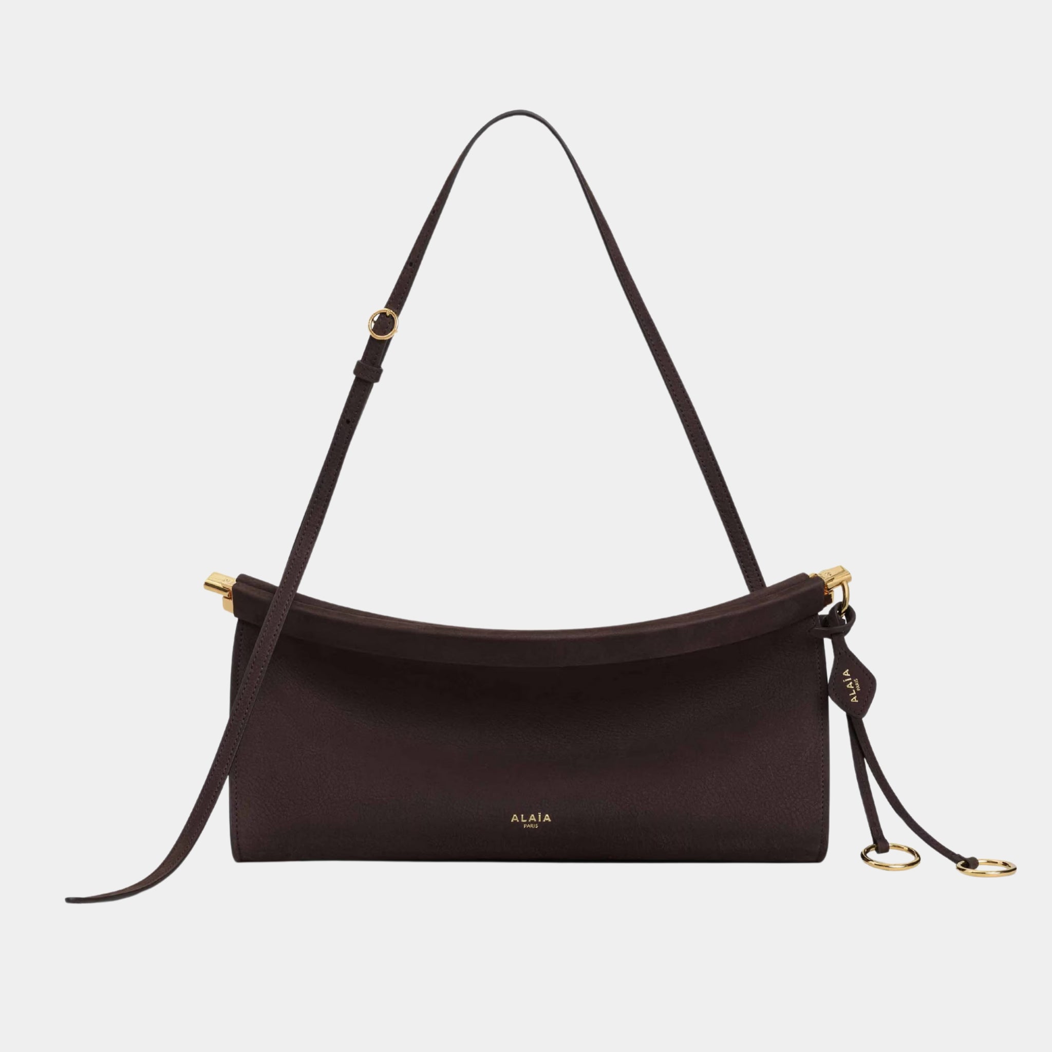 Alaia Le Click East West Medium Bag In Nubuck, Dark Brown, Front