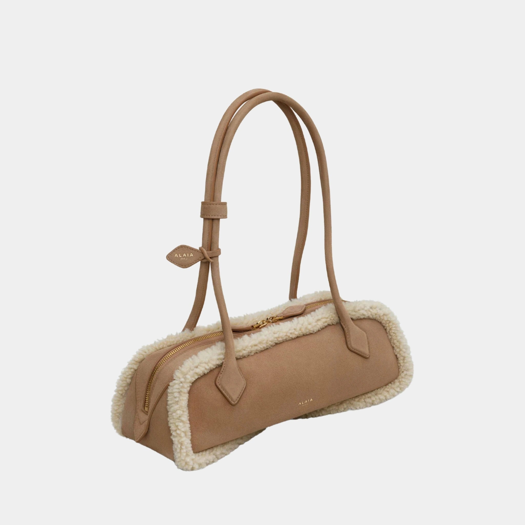 Alaia Le Dachshund Medium Shearling Bag, Camel, Side