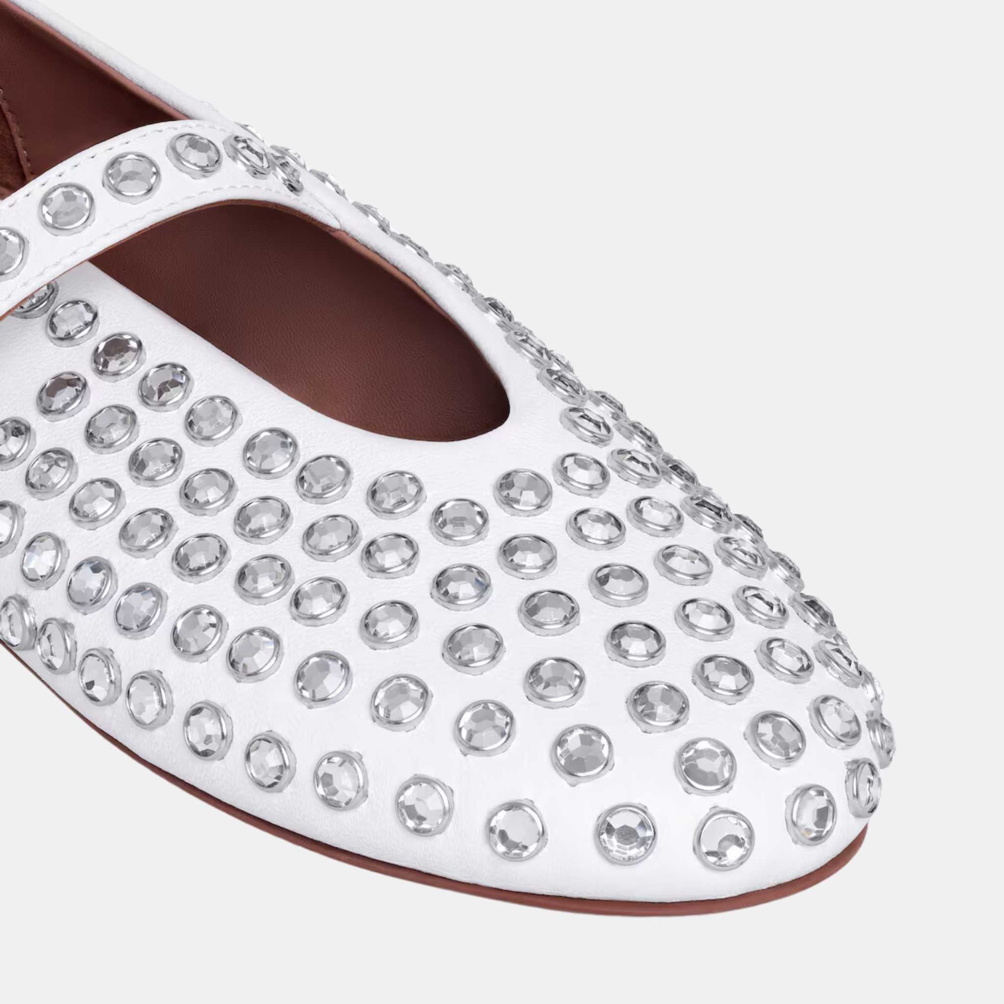 Alaia Strass Lambskin Ballet Flats, White, Closeup