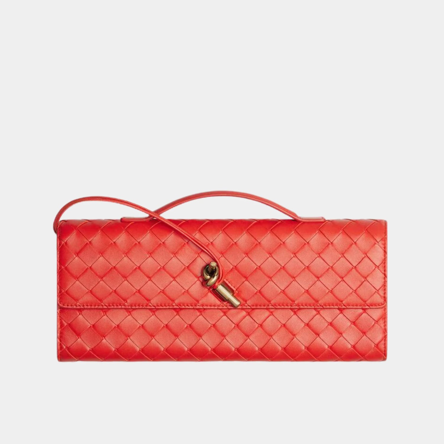 Bottega Veneta Andiamo Top Handle Clutch Intrecciato Leather, Cherry Tomato, Front