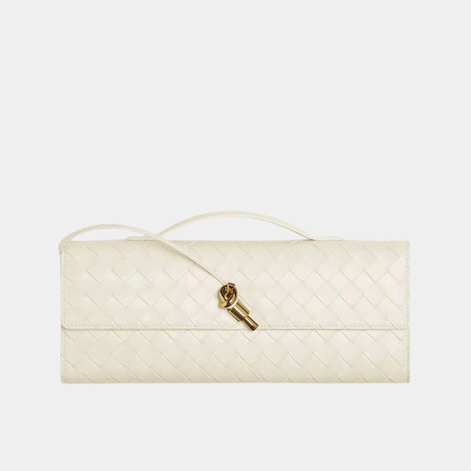 Bottega Veneta Andiamo Top Handle Clutch Intrecciato Leather, Sea Salt, Front
