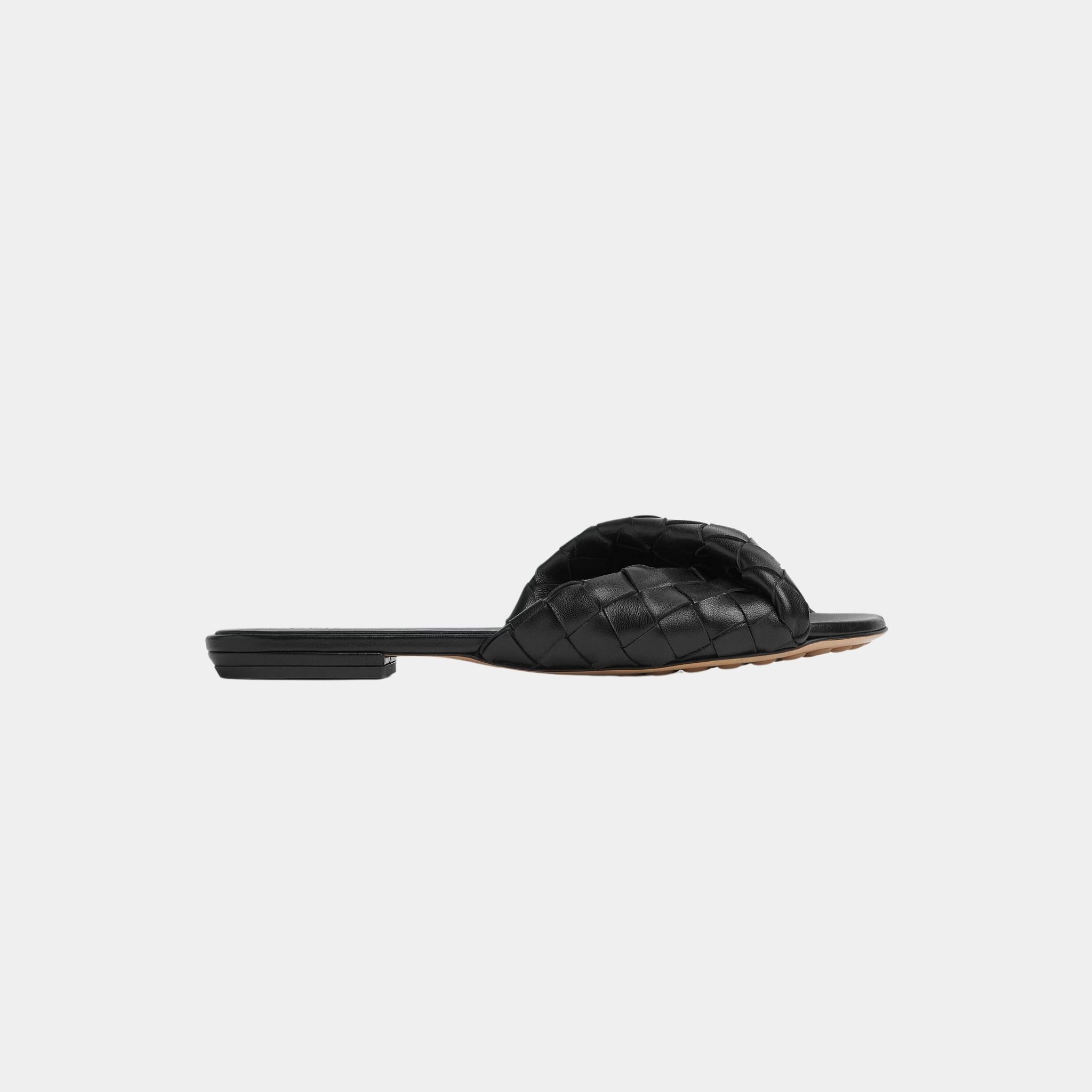 Bottega Veneta Blink Flat Mule Folded Detail in Intrecciato Leather, Black, Side