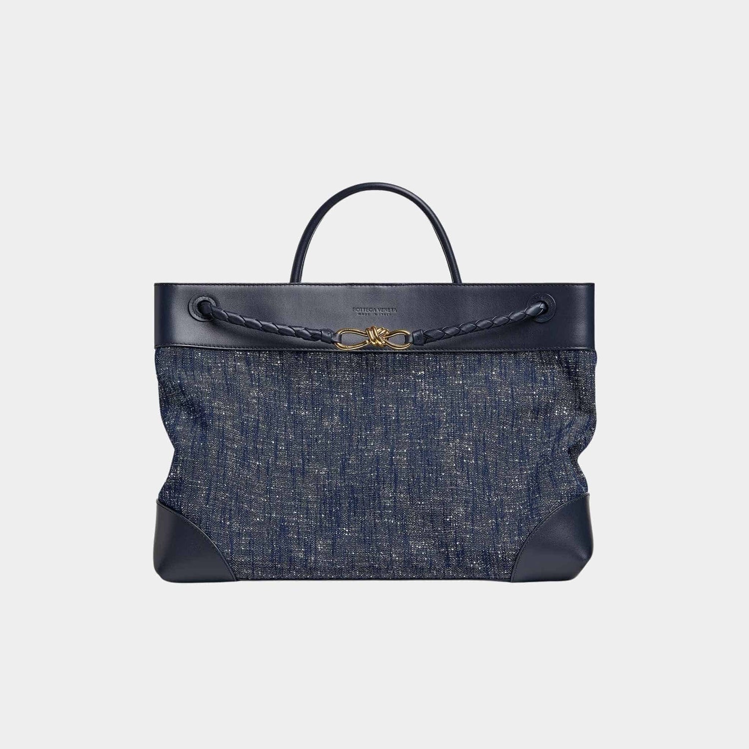 Bottega Veneta Large Andiamo Denim Boucle Calfskin Leather Handbag, Front