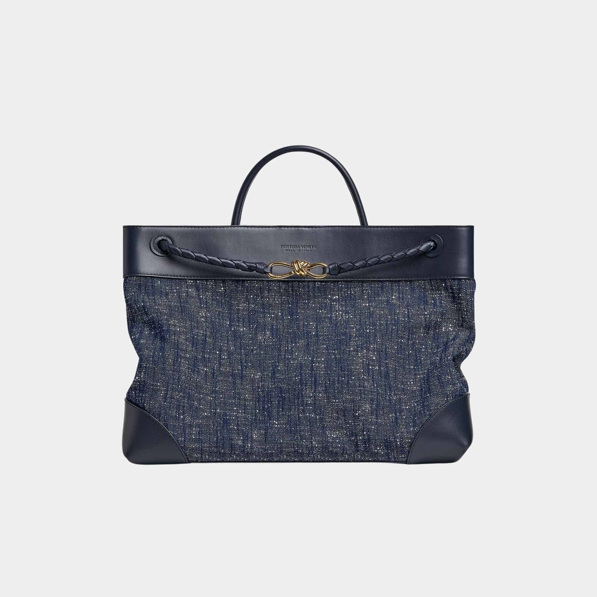 Bottega Veneta Large Andiamo Denim Boucle Calfskin Leather Handbag, Front