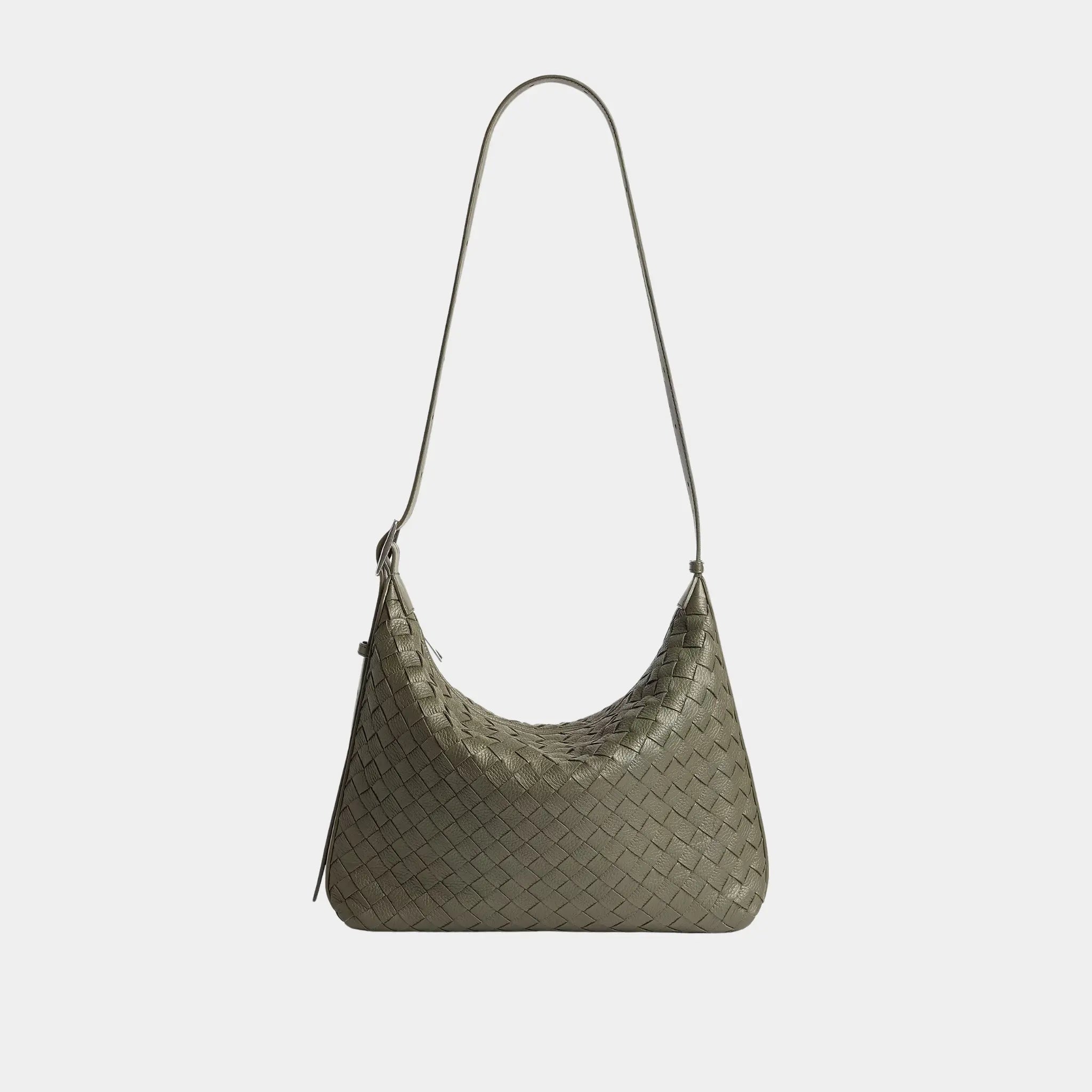 Bottega Veneta Small Traveler Hobo Bag In Intrecciato Deer Skin, Crocodile, Front
