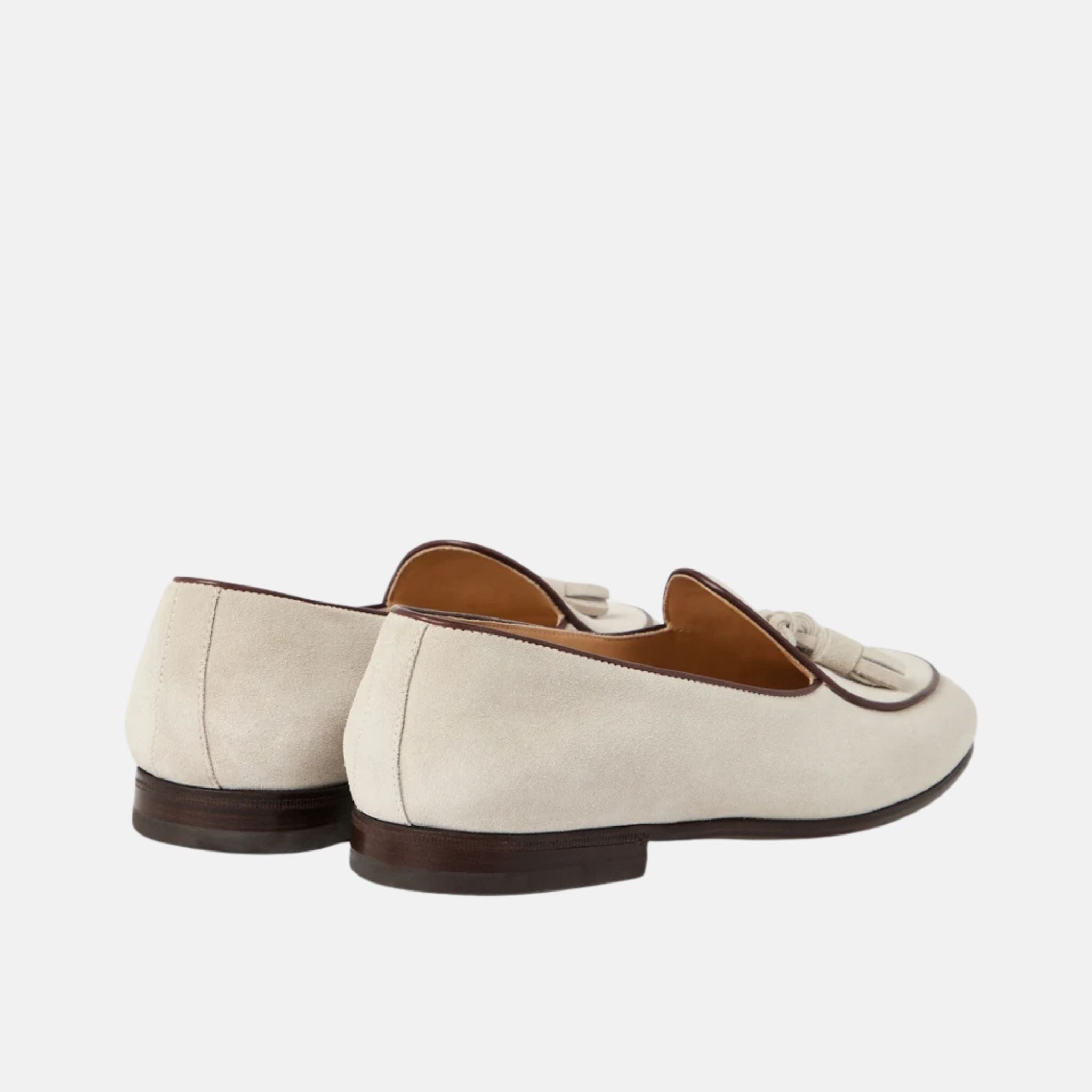 Brunello Cucinelli Suede Belgian Loafers With Tassels, Oat, Back
