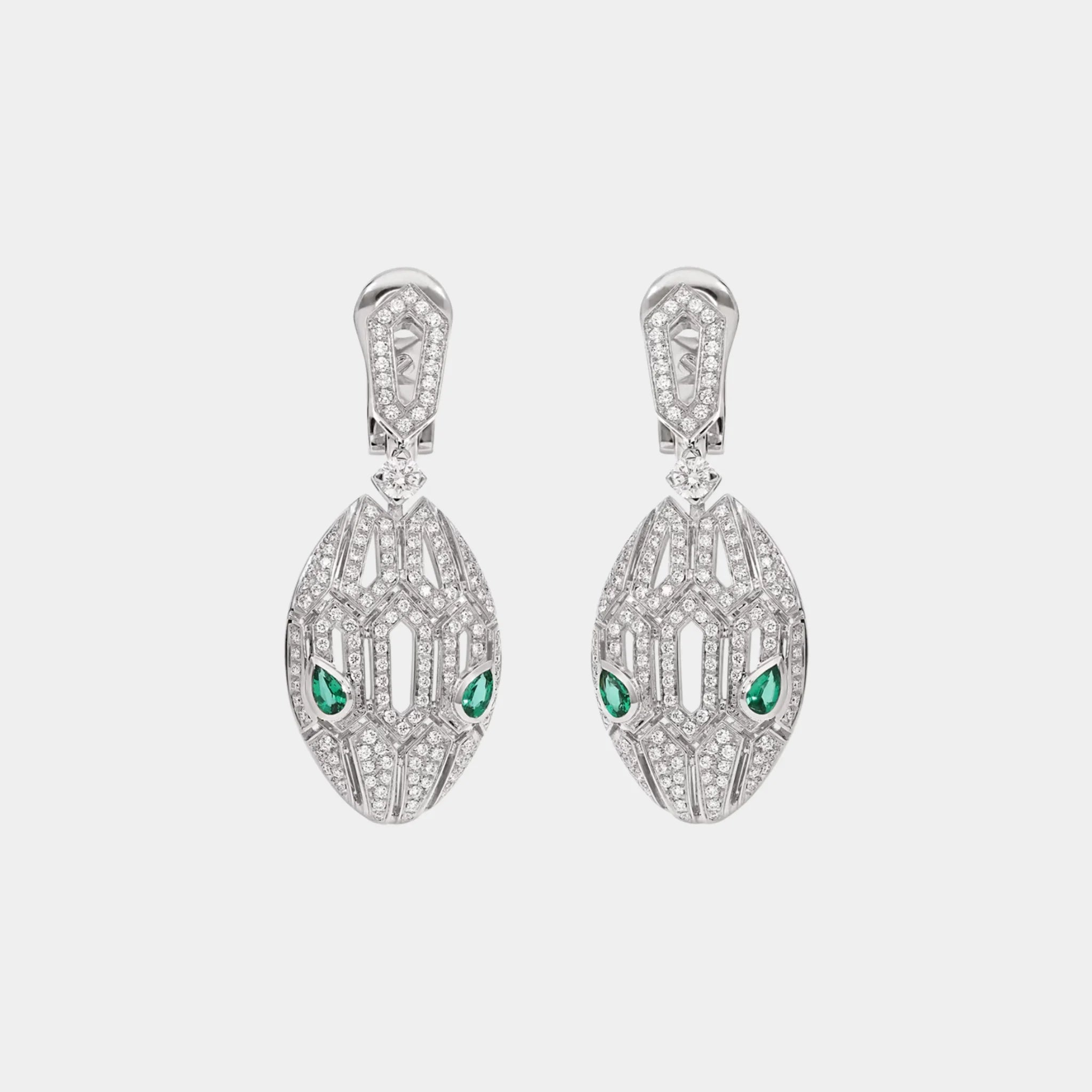 Bvlgari Serpenti Seduttori Earrings with Emerald Eyes & Pave Diamonds, White Gold, Front