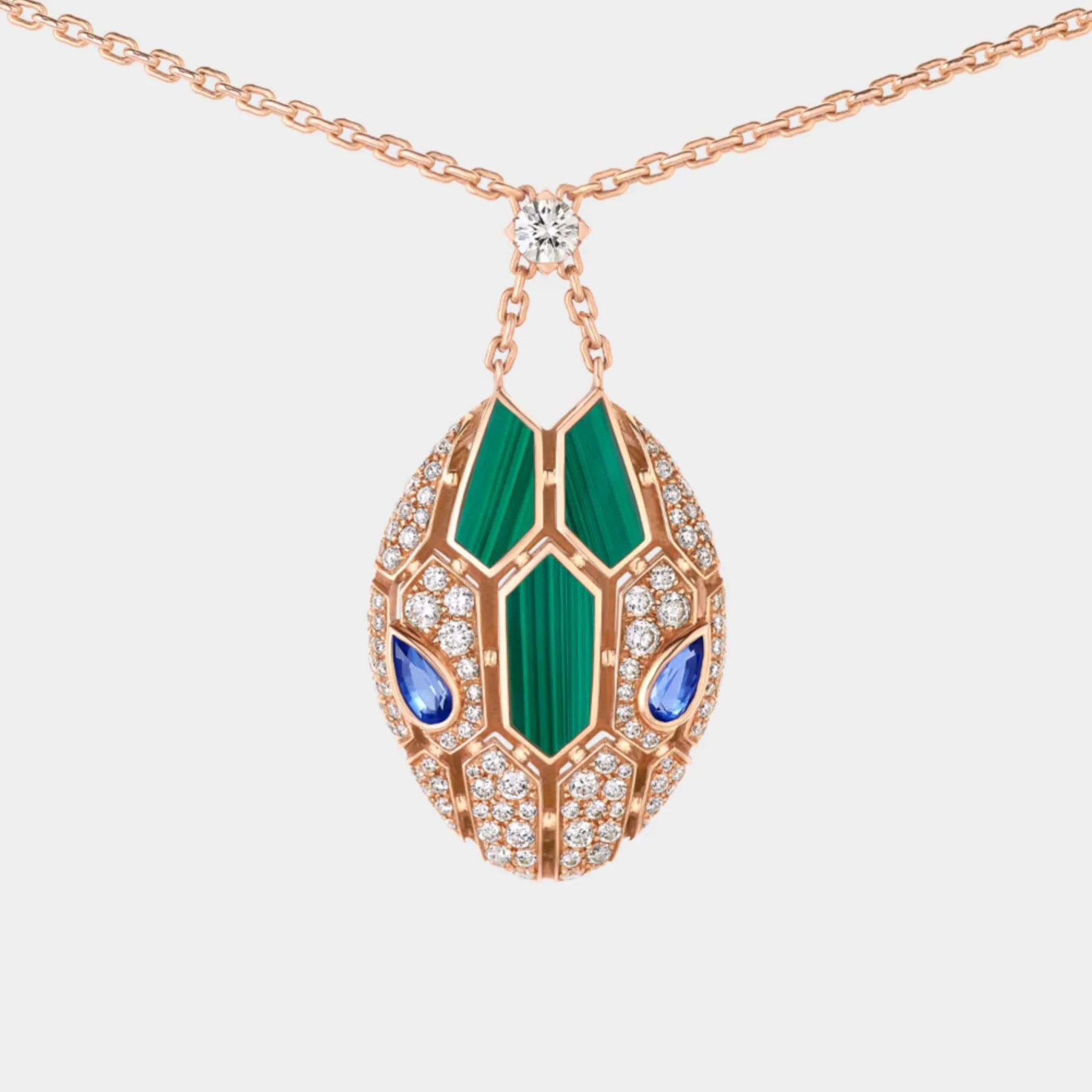 Bvlgari Serpenti Seduttori Necklace with Sapphire Malachite & Diamonds, Rose Gold, Close