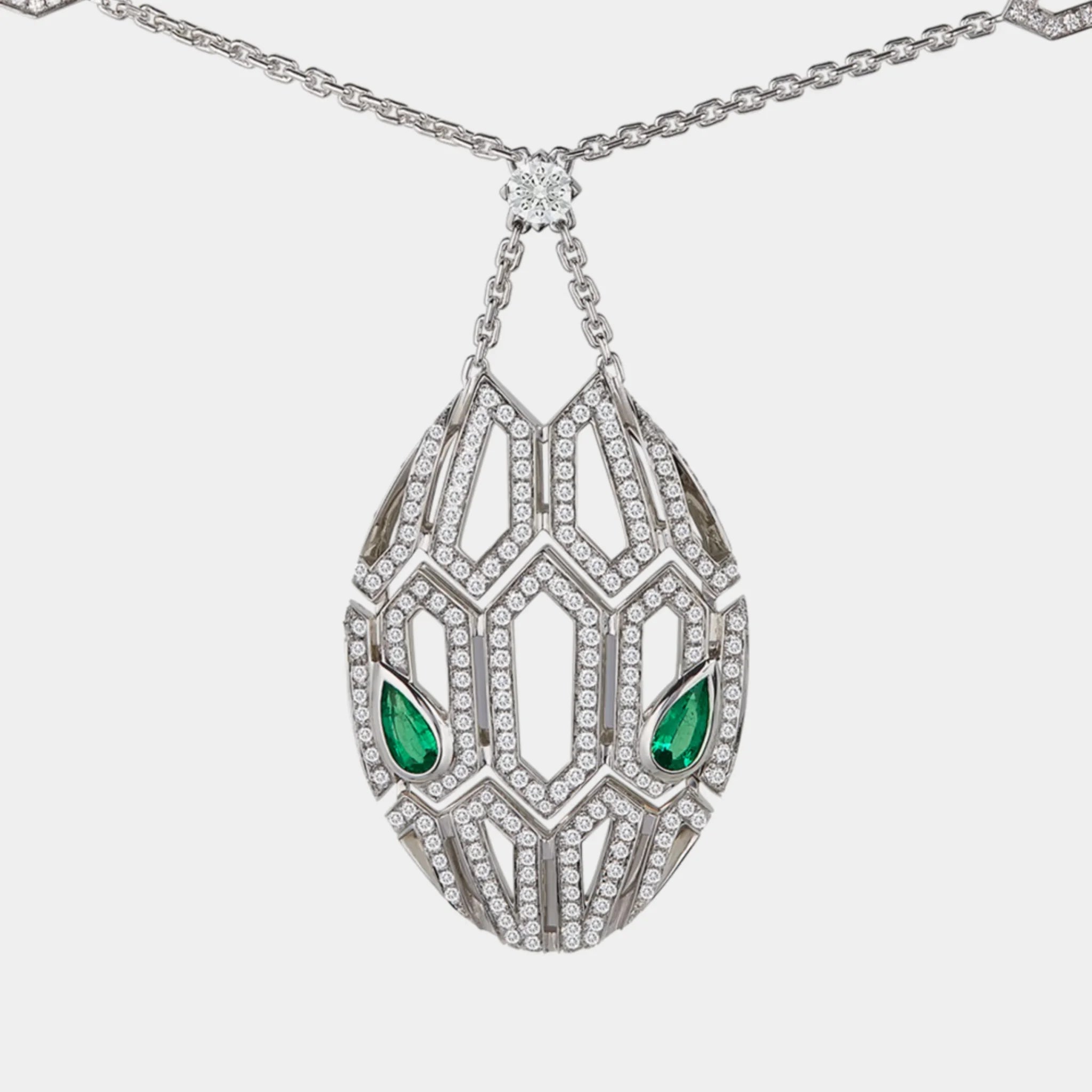 Bvlgari Serpenti Seduttori Pendant Necklace Emerald & Pave Diamonds, White Gold, Close