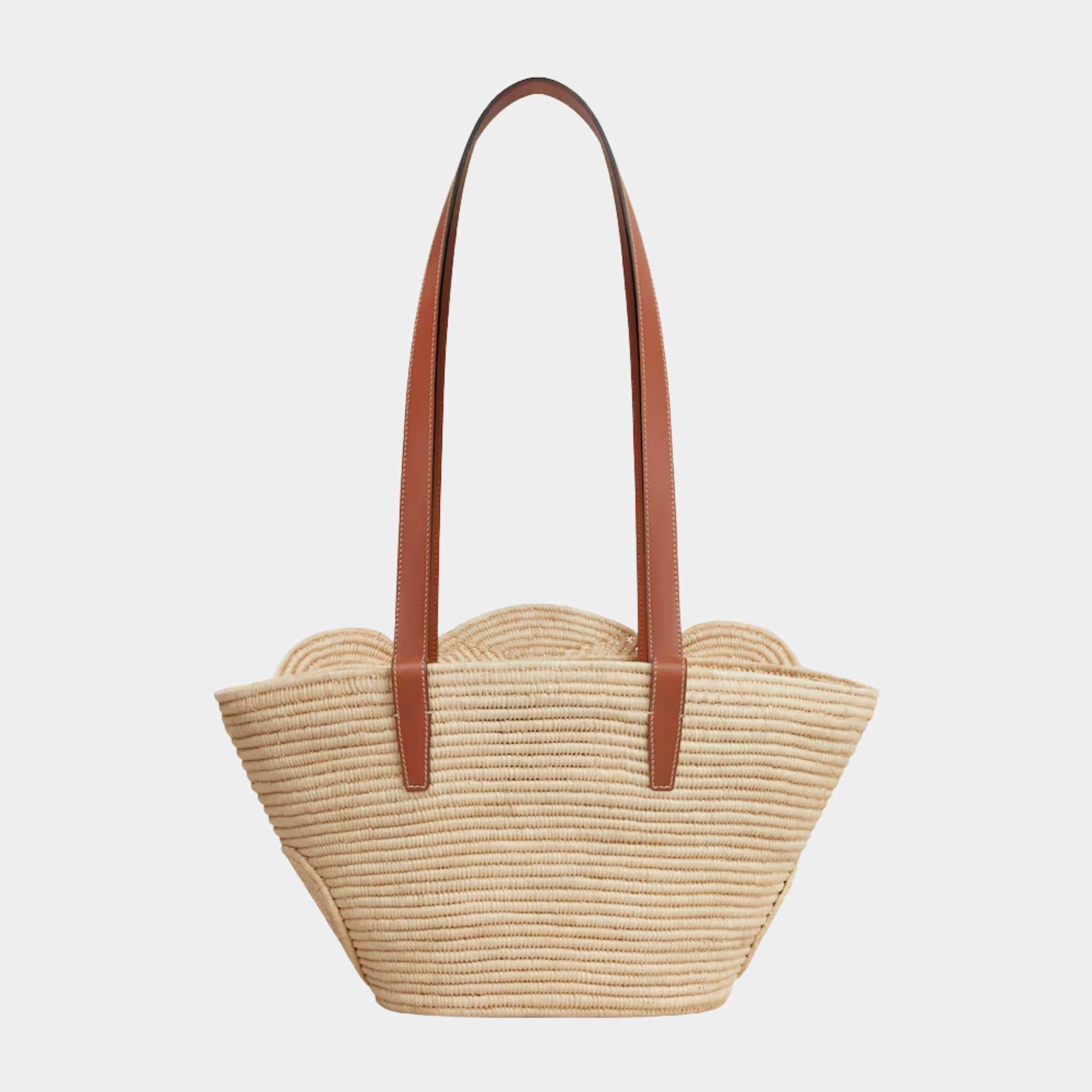 Celine Classic Pannier Small Braided Triomphe in Raffia & Calfskin, Tan, Back