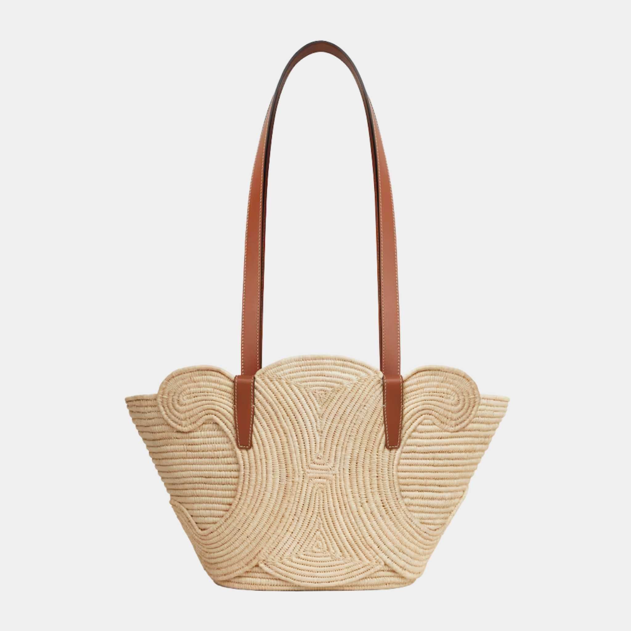 Celine Classic Pannier Small Braided Triomphe in Raffia & Calfskin, Tan, Front