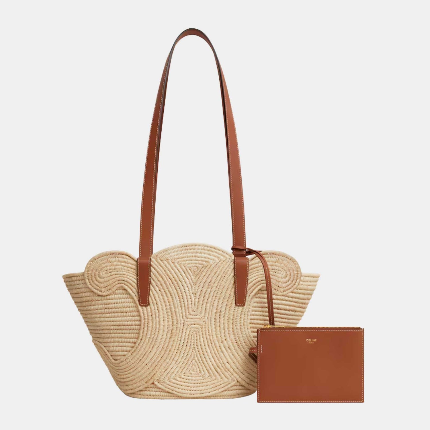 Celine Classic Pannier Small Braided Triomphe in Raffia & Calfskin, Tan, Set