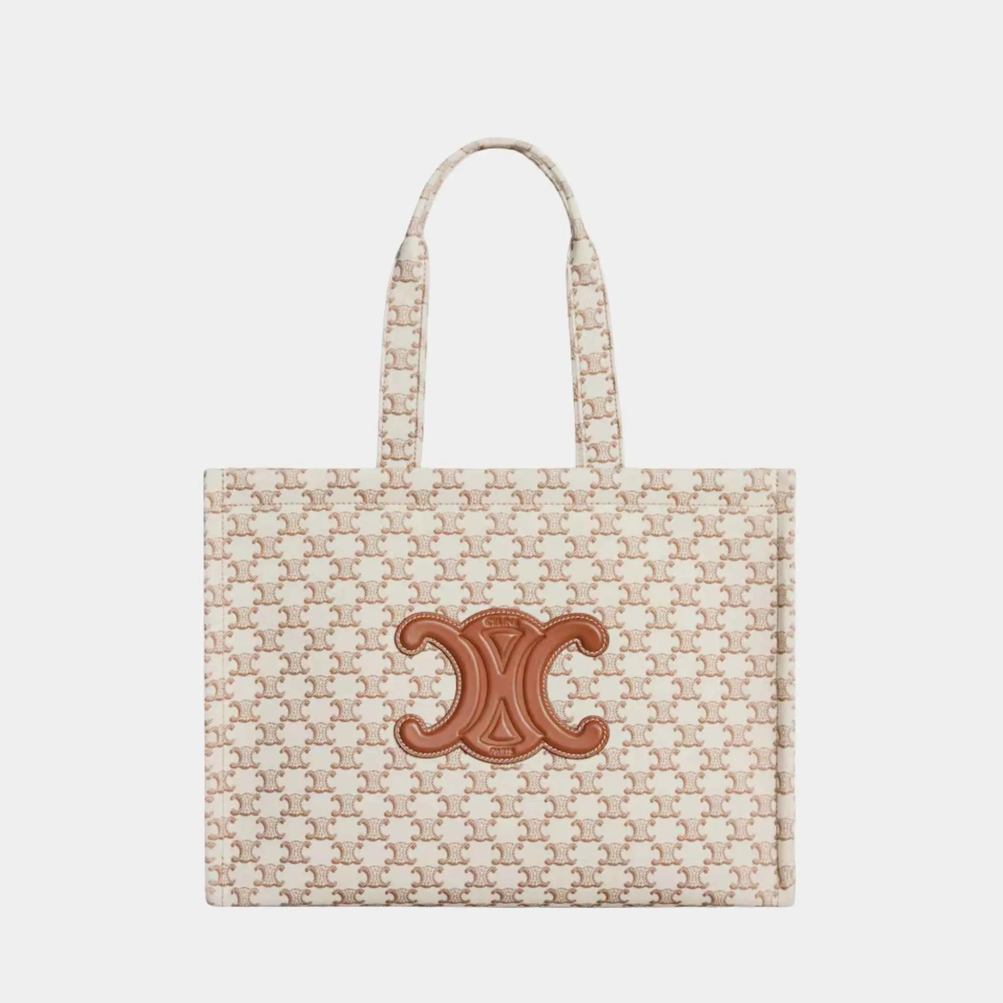 Celine Large Cabas Thais Textile with Triomphe Print & Calfskin, White, Front