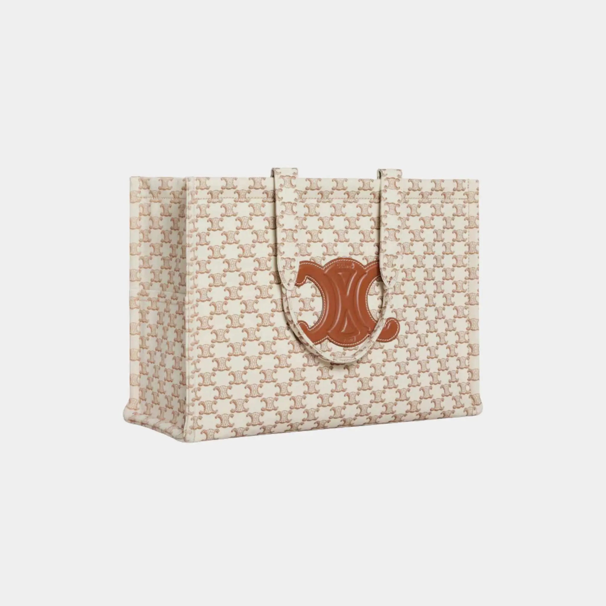 Celine Large Cabas Thais Textile with Triomphe Print & Calfskin, White, Side