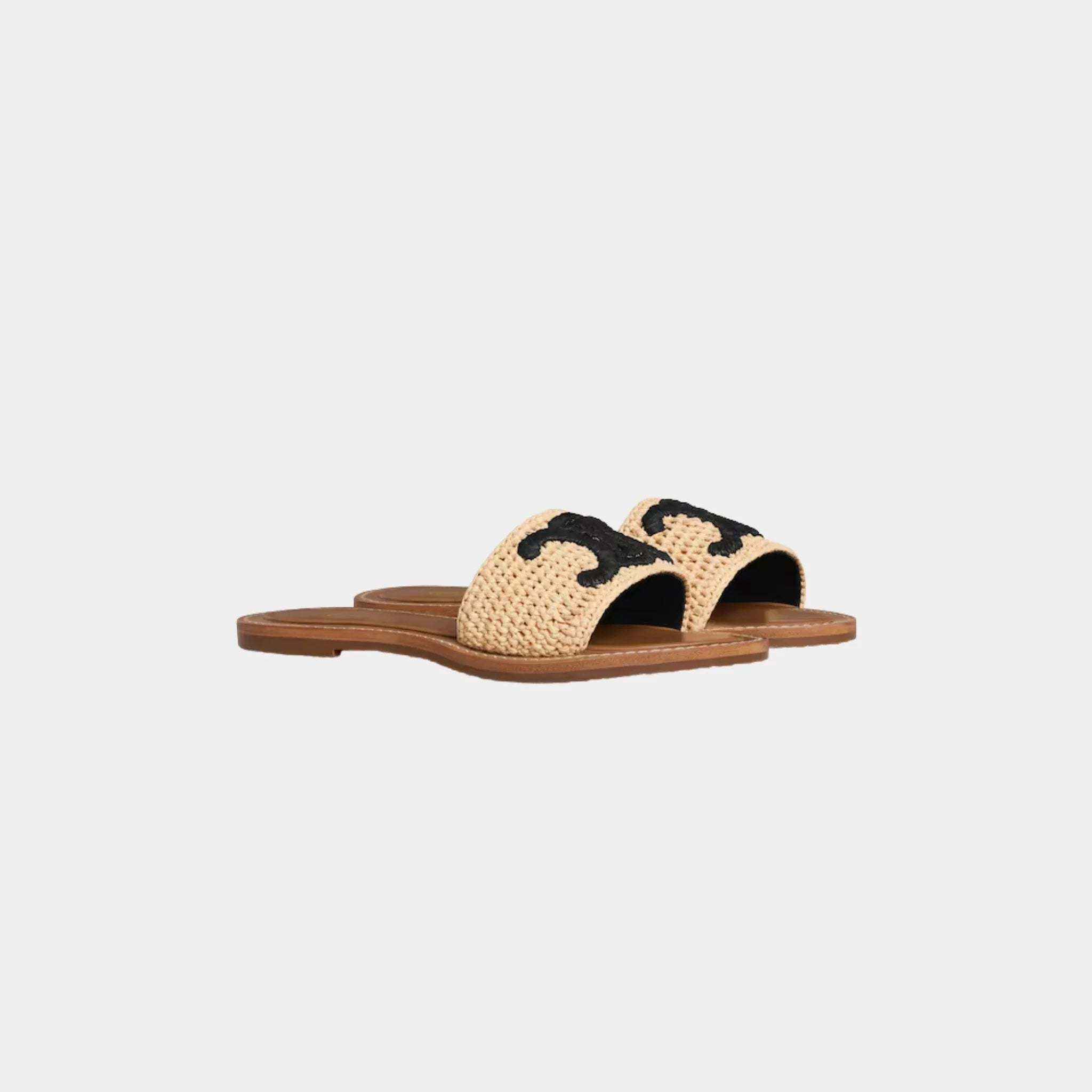 Celine Lympia Mule in Raffia, Noir, Naturel, Front