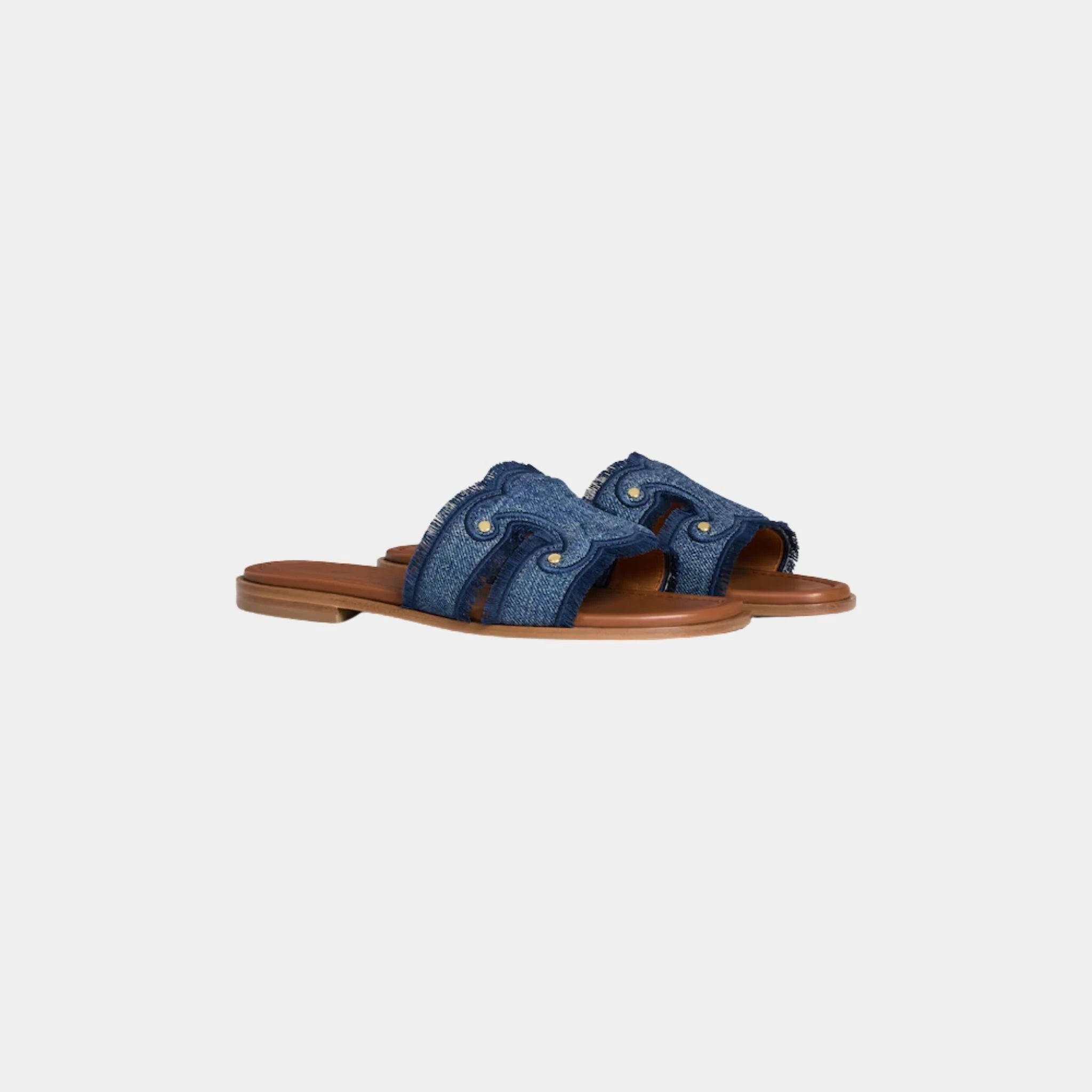 Celine Marina Fringed Mule in Denim, Blue, Front