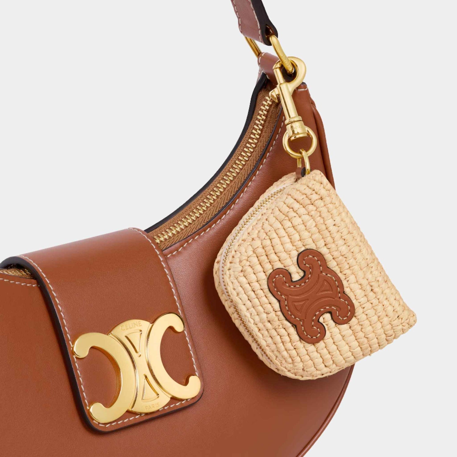 Celine Micro Triomphe Charm in Raffia, Naturel, Tan, Close