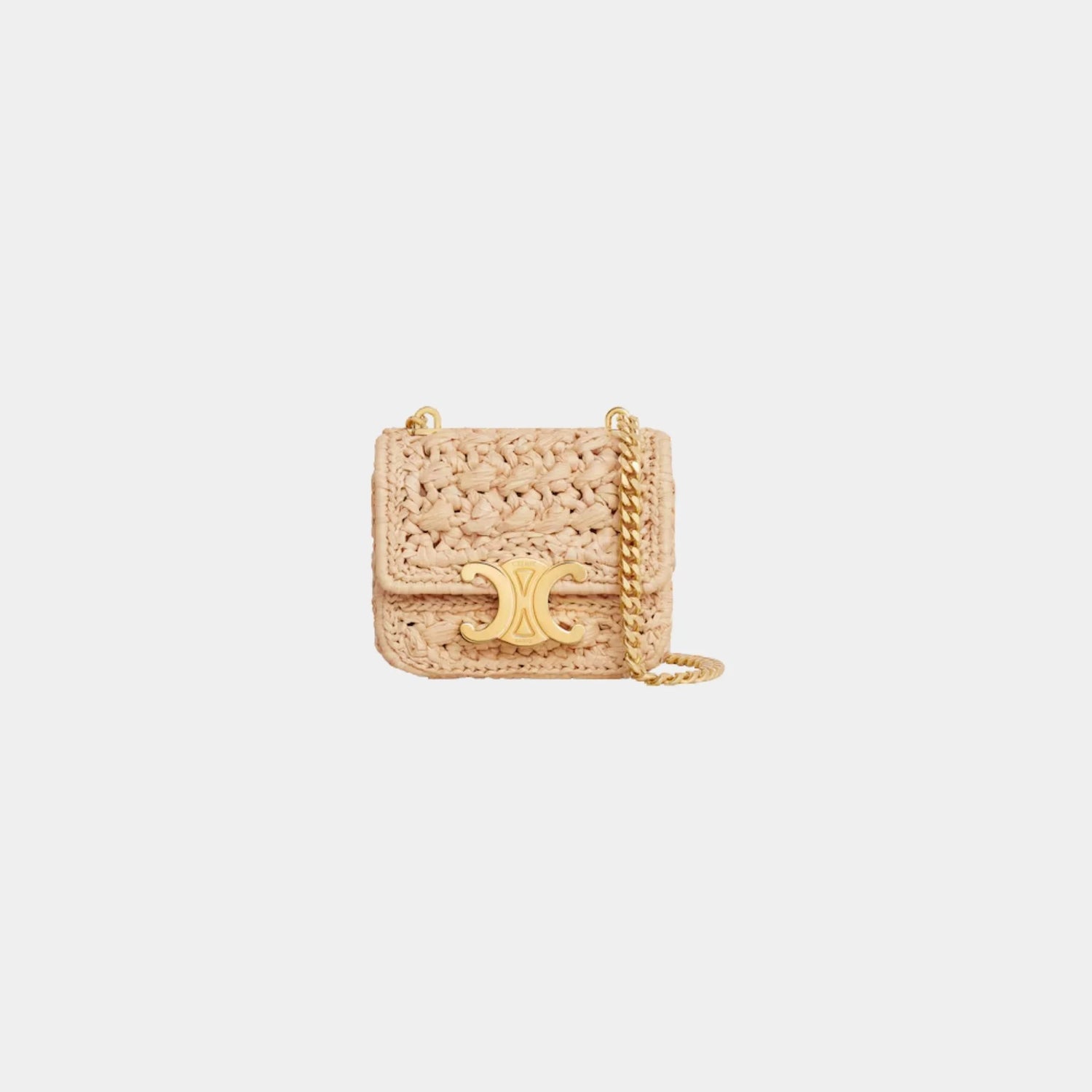 Celine Mini Chain Claude in Raffia Effect Textile, Naturel, Front