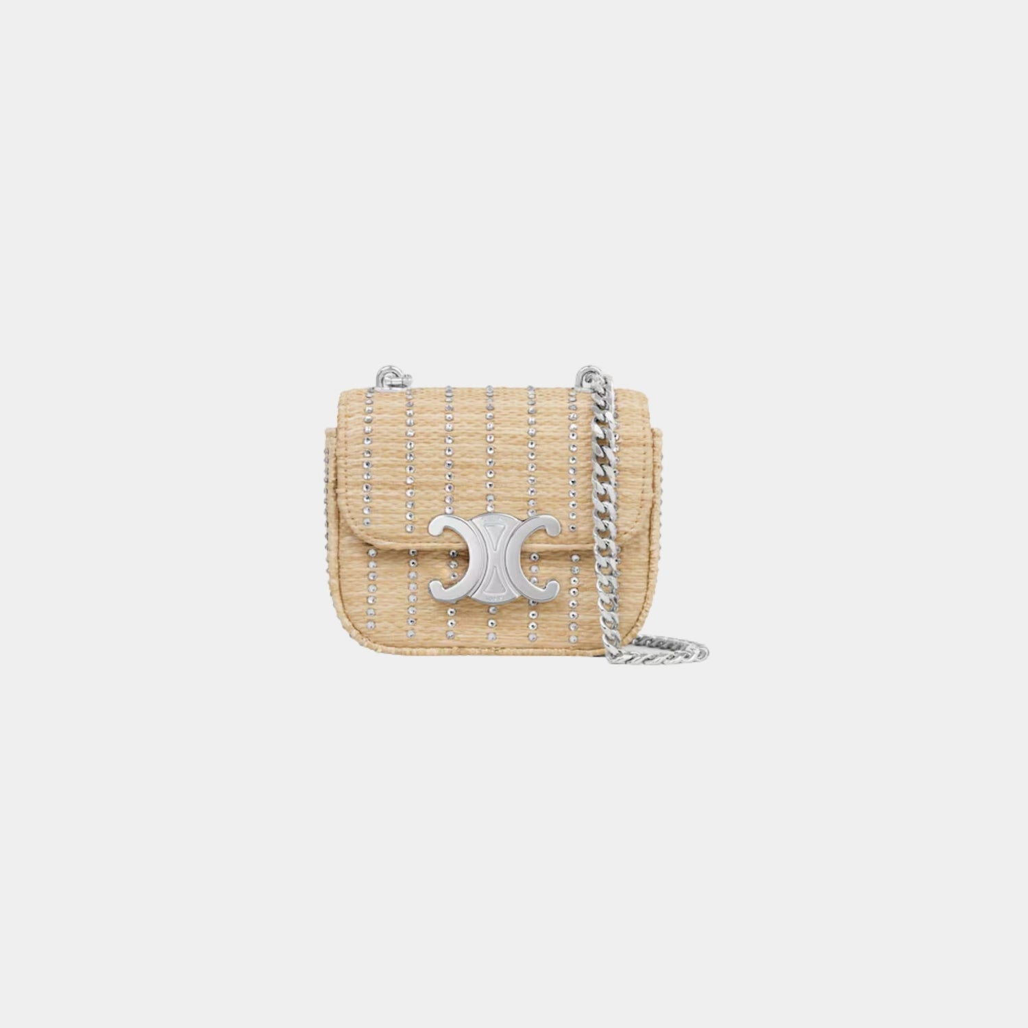 Celine Mini Chaine Claude in Raffia Effect Textile with Strass, Naturel, Front