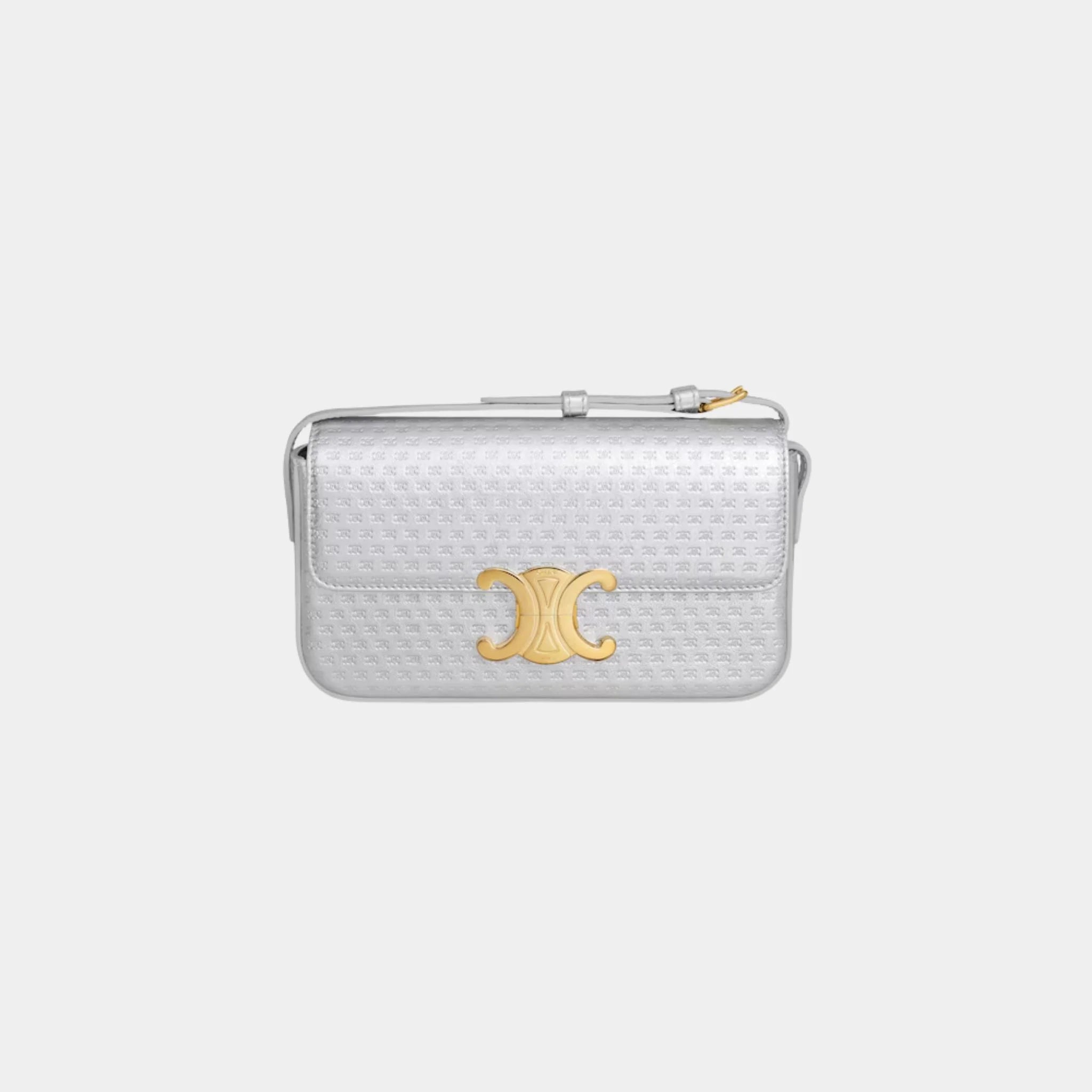 Celine Shoulder Bag Claude Laminated Calfskin with Triomphe All-over, Silver, Front