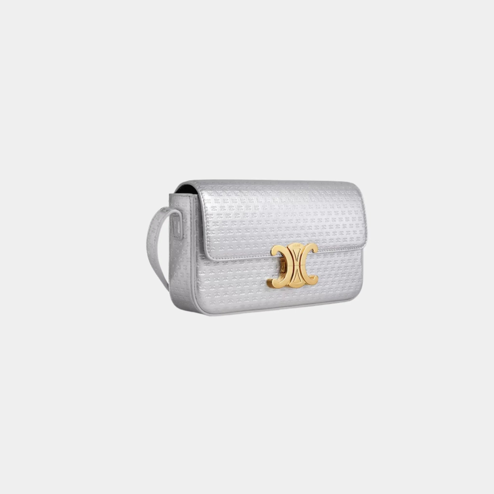 Celine Shoulder Bag Claude Laminated Calfskin with Triomphe All-over, Silver, Side