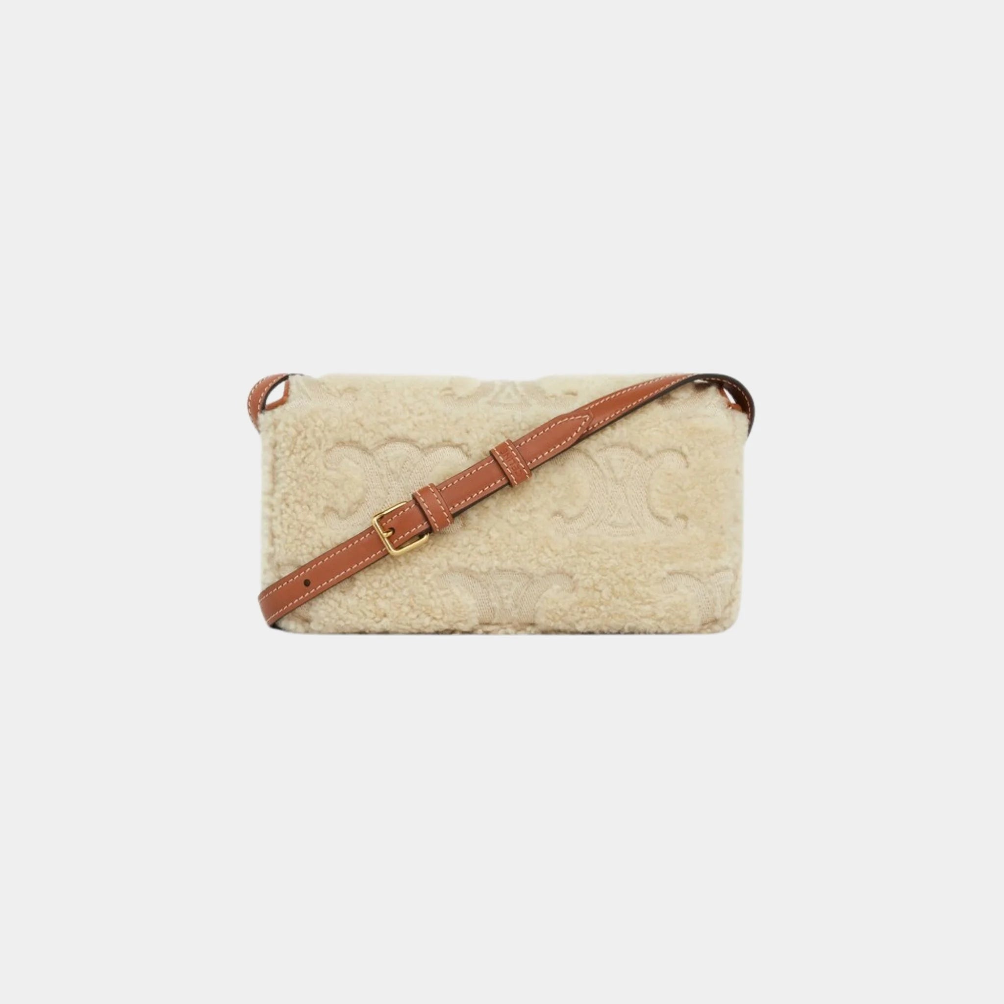Celine Shoulder Bag Claude in Shearling with Triomphe Embroideries, Naturel, Tan, Back
