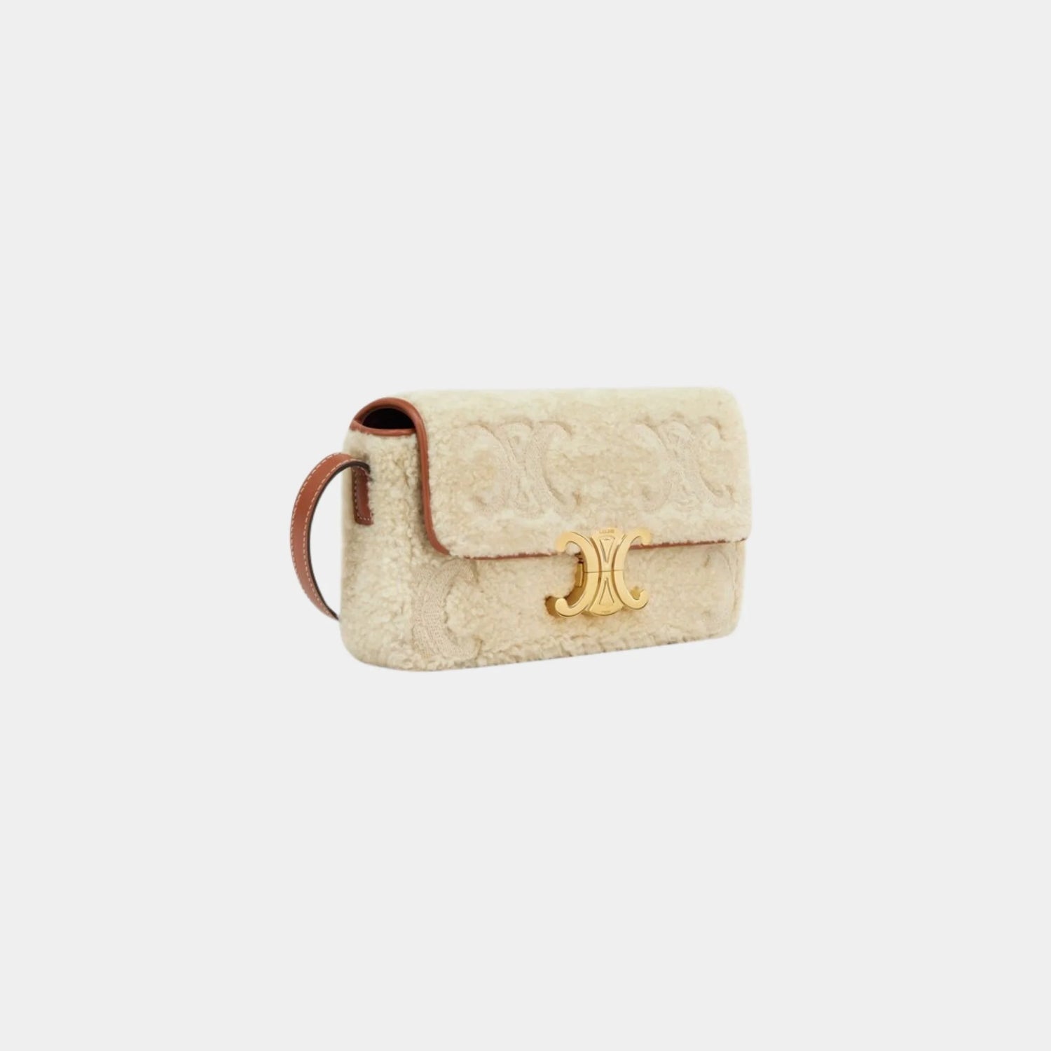 Celine Shoulder Bag Claude in Shearling with Triomphe Embroideries, Naturel, Tan, Side