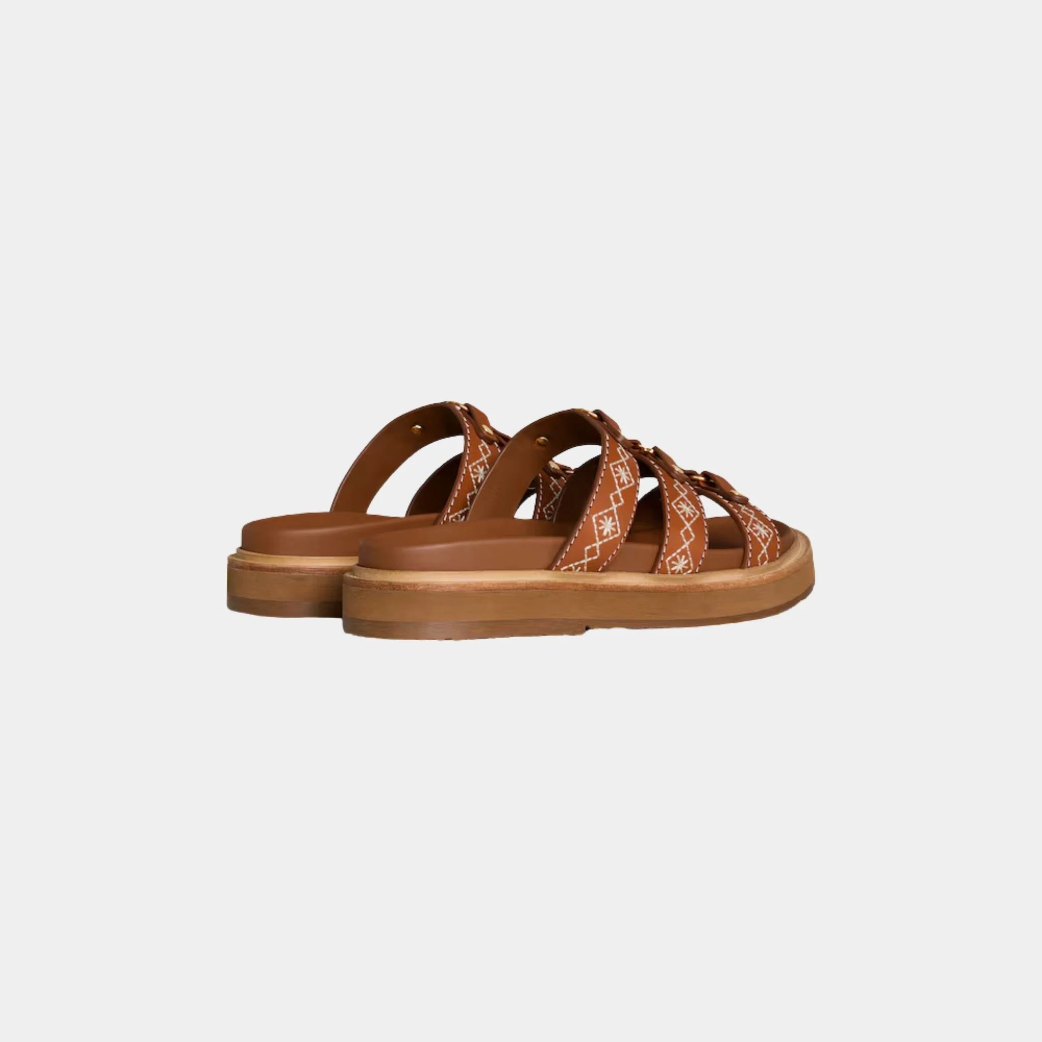 Celine Tippi Slide in Embroidered Calfskin, Tan, Back