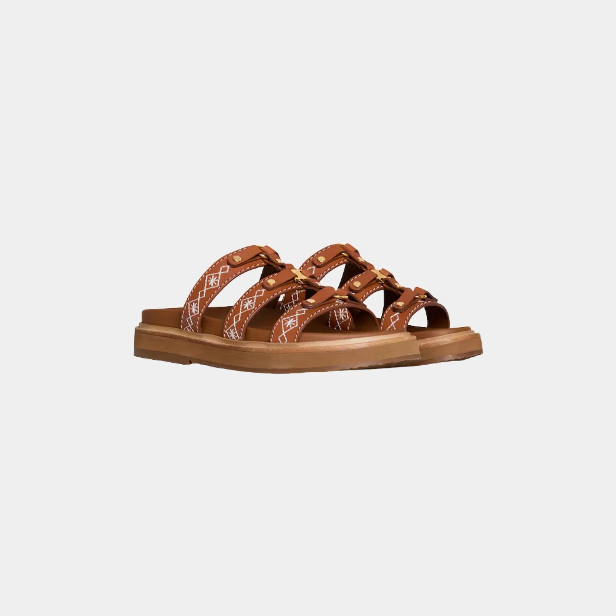 Celine Tippi Slide in Embroidered Calfskin, Tan, Front