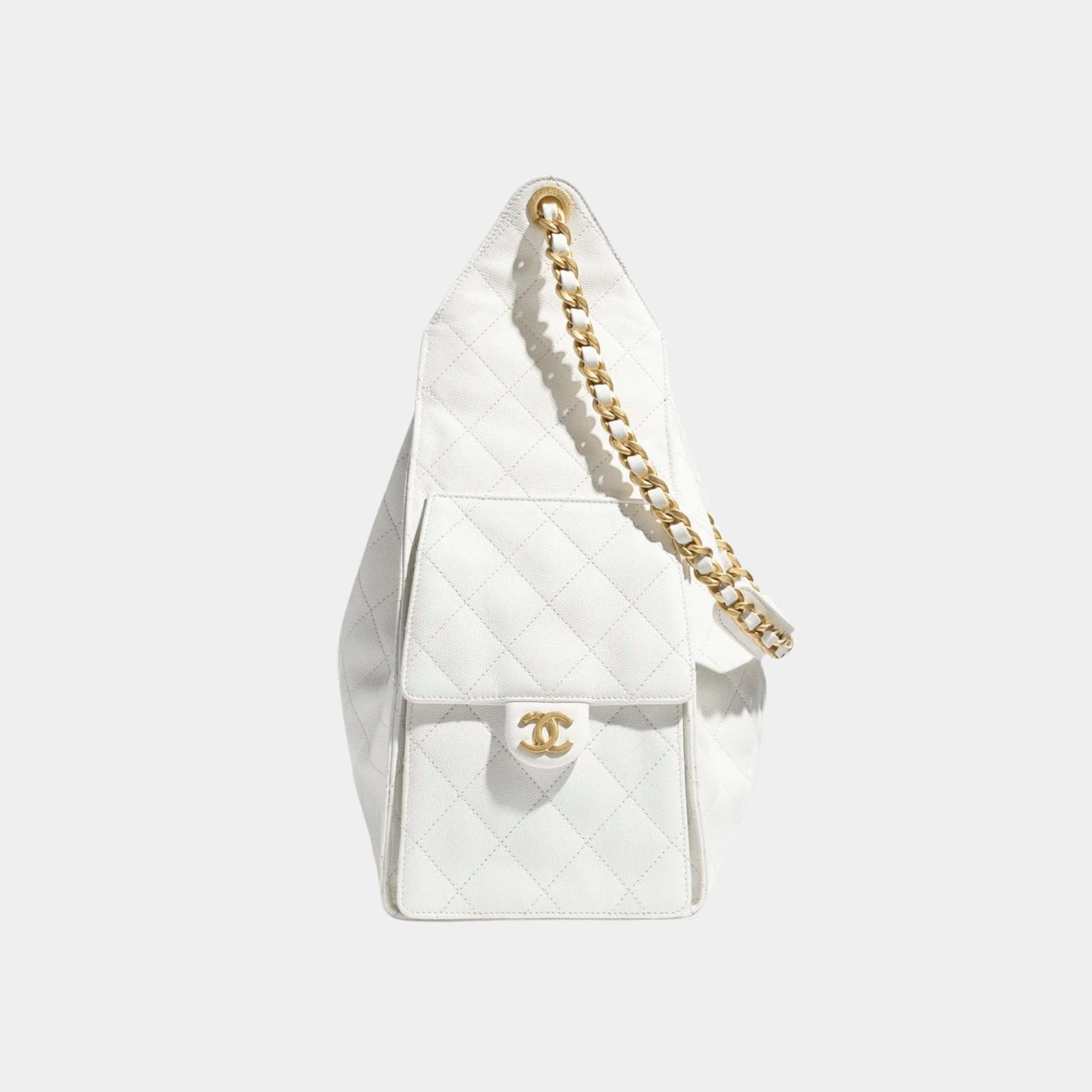 Chanel 25 Medium Handbag Grained Calfskin And Gold-Tone Metal, White, Side