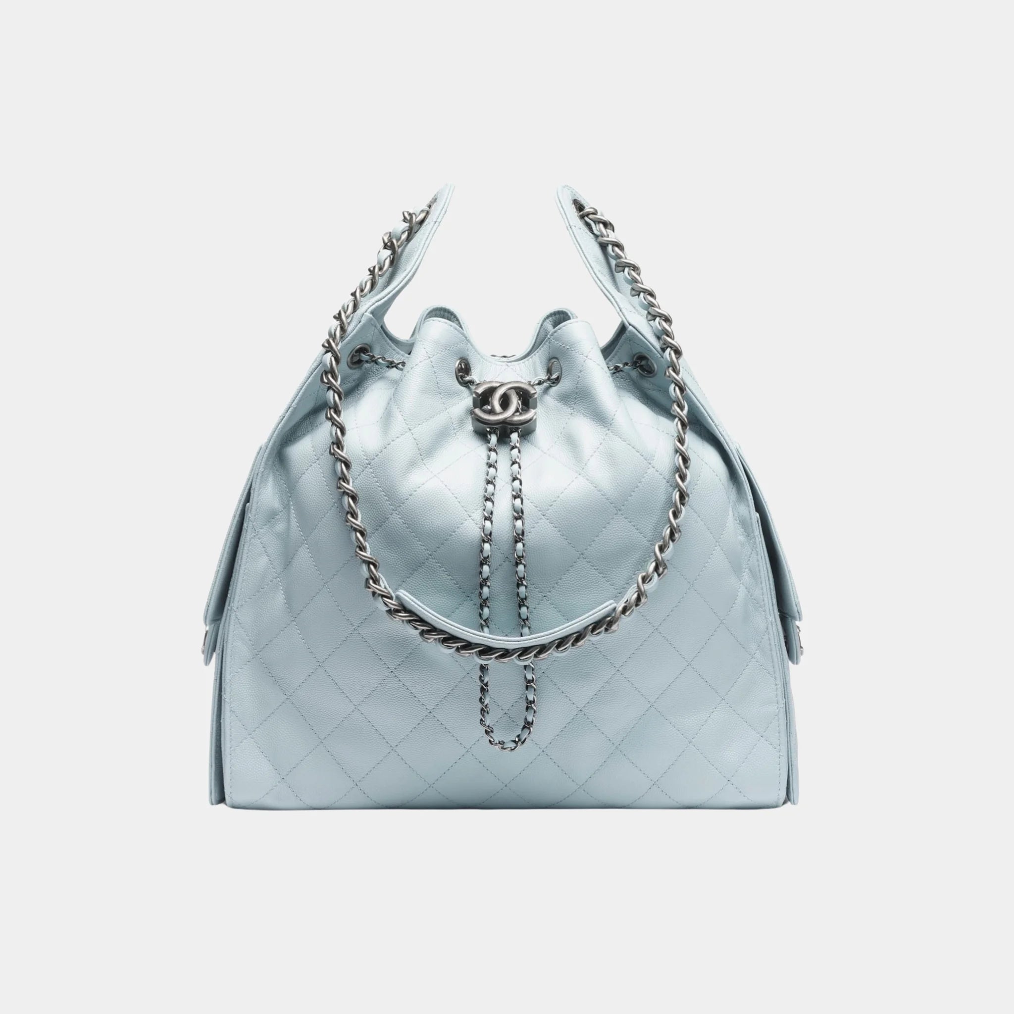 Chanel 25 Medium Handbag Grained Calfskin & Ruthenium-Finish Metal, Light Blue, Front