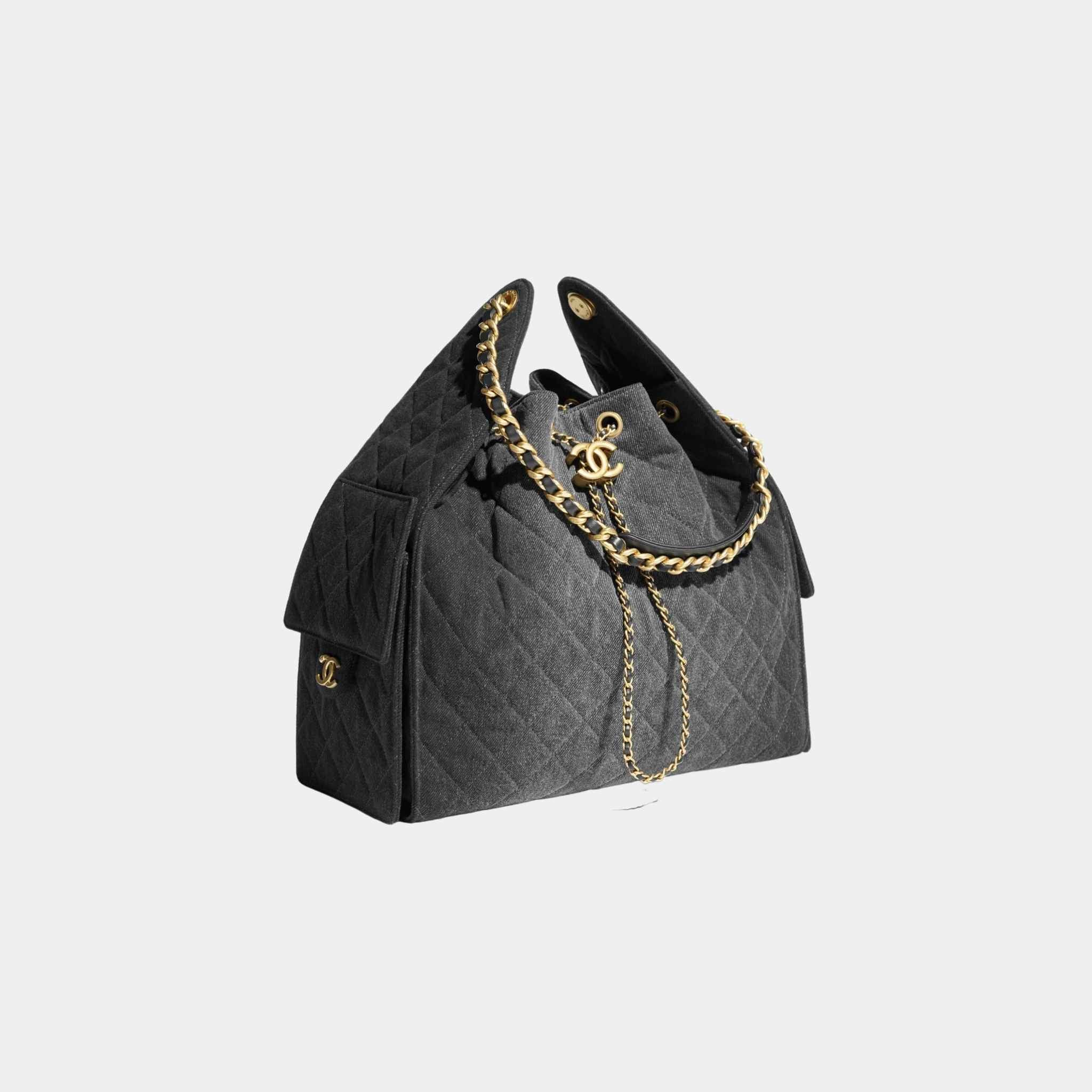 Chanel 25 Medium Handbag Washed Denim And Gold-Tone Metal, Black, Front