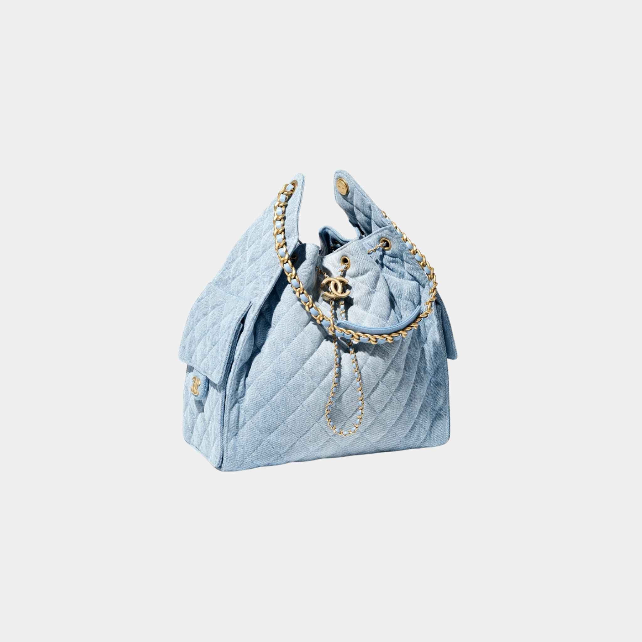 Chanel 25 Medium Handbag Washed Denim And Gold-Tone Metal, Blue, Front
