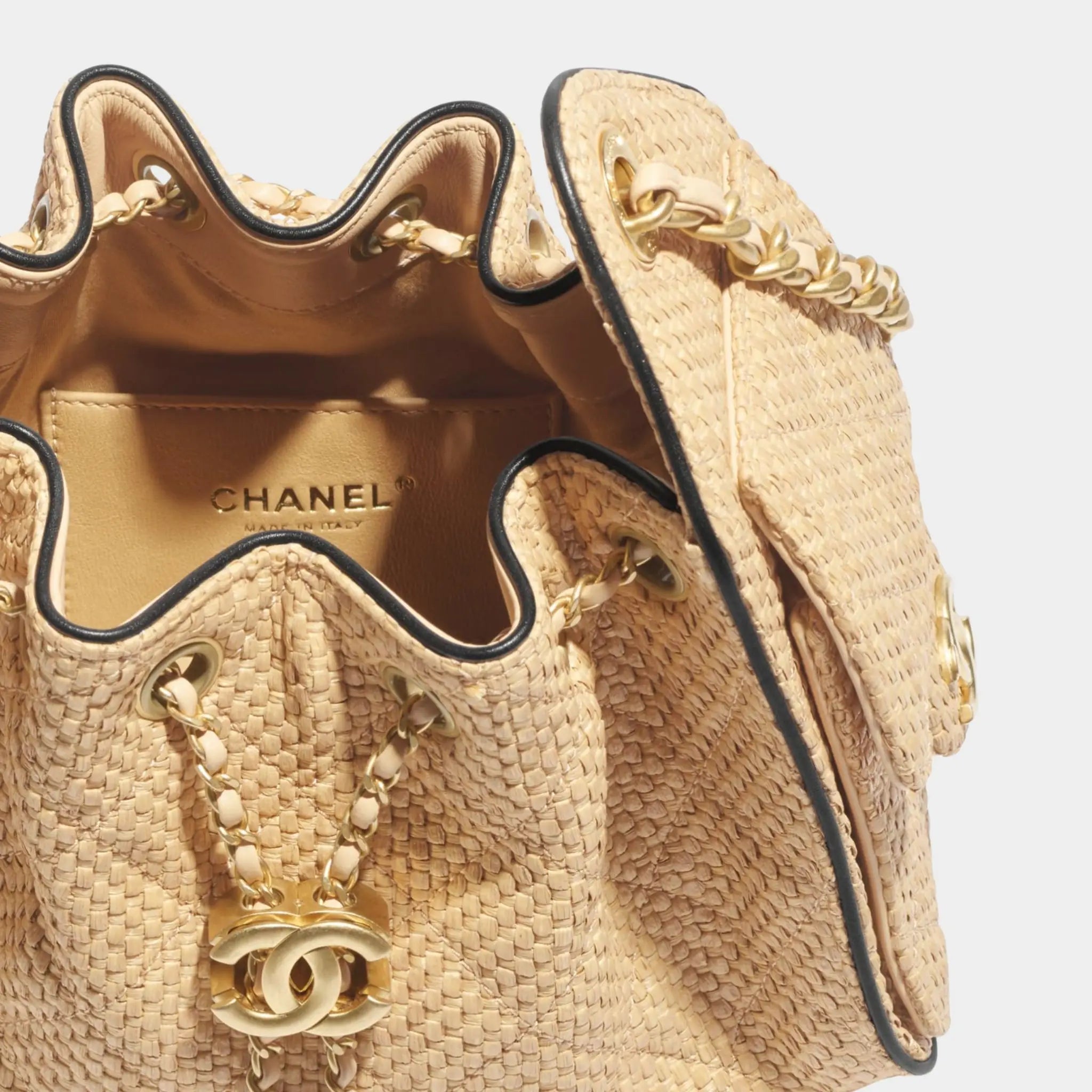 Chanel 25 Mini Handbag Braided Raffia Calfskin & Gold Tone Metal, Beige and Black, Interior