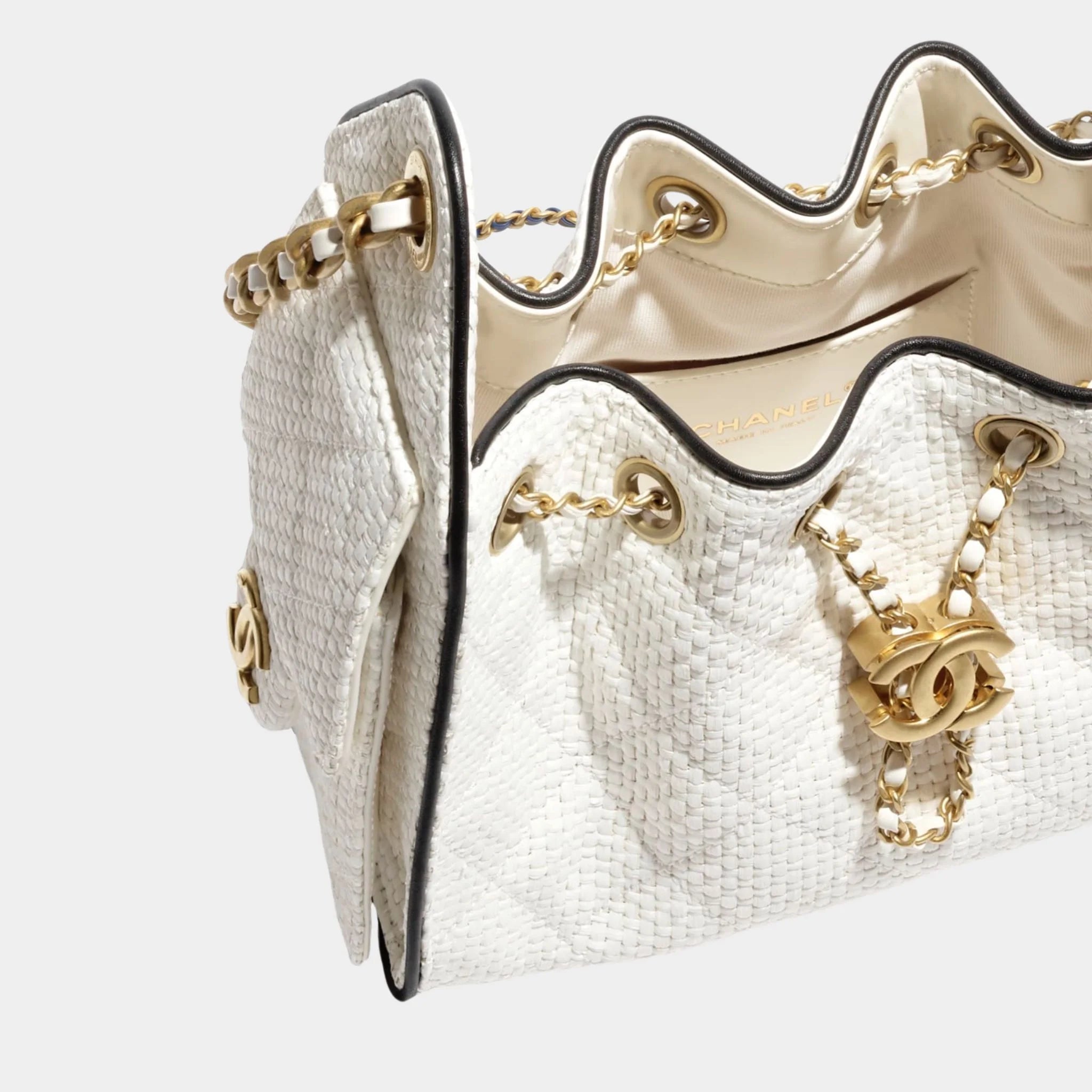 Chanel 25 Mini Handbag Braided Raffia Calfskin & Gold Tone Metal