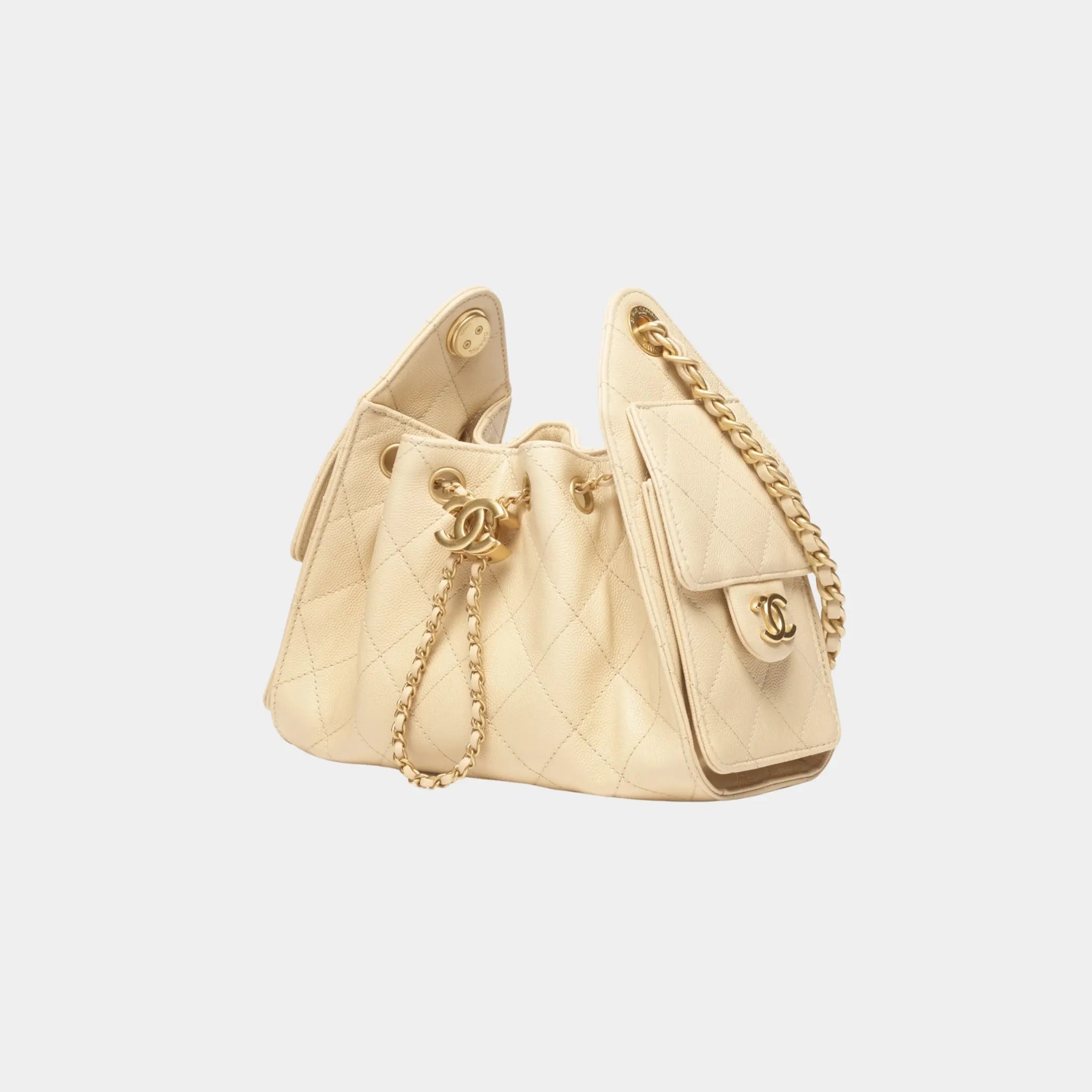 Chanel 25 Mini Handbag in Grained Calfskin & Gold-Tone Metal, Beige, Side