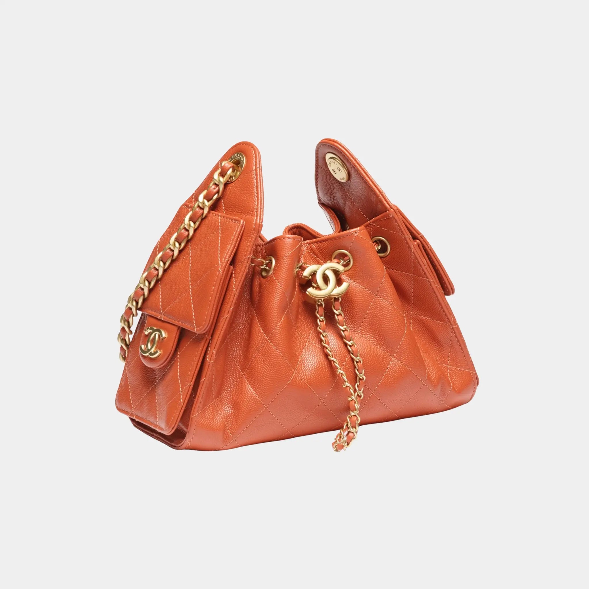 Chanel 25 Mini Handbag in Grained Calfskin & Gold-Tone Metal, Dark Orange, Front Side