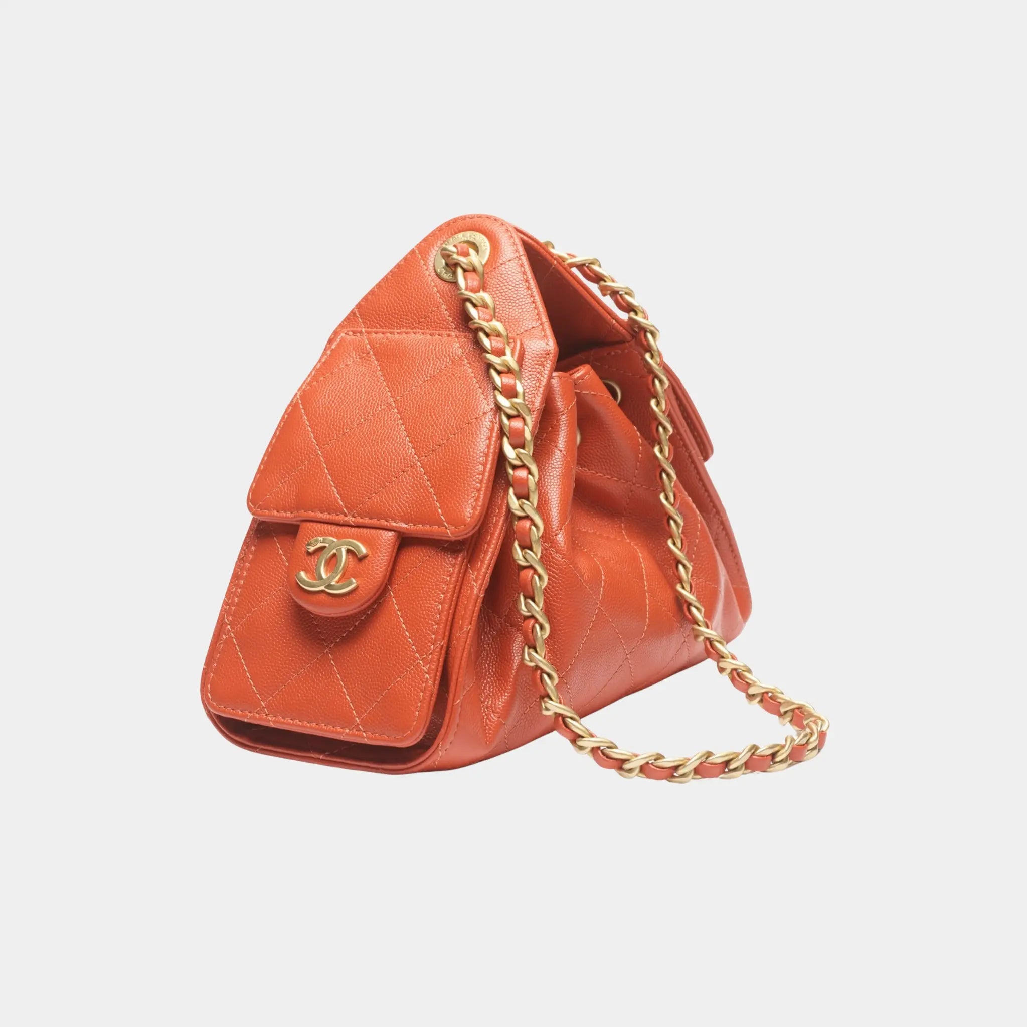 Chanel 25 Mini Handbag in Grained Calfskin & Gold-Tone Metal, Dark Orange, Side