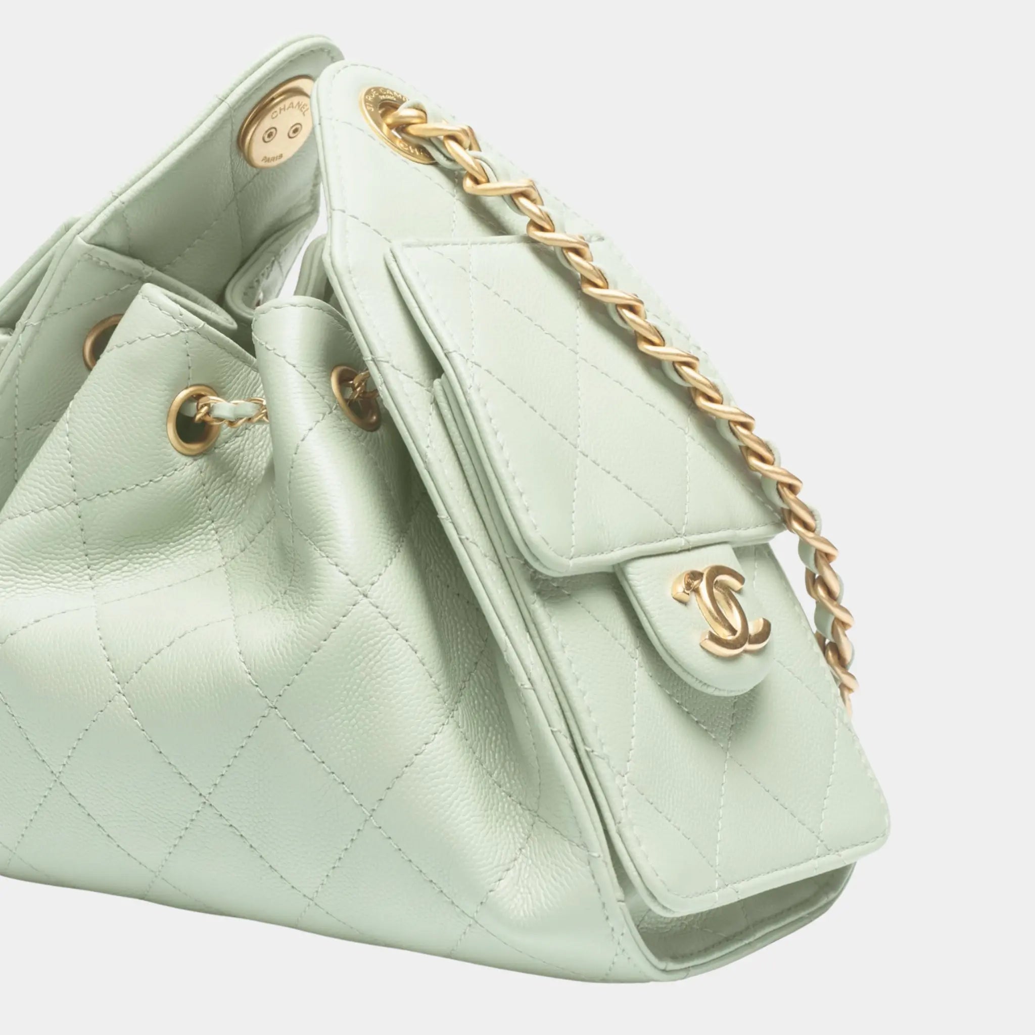Chanel 25 Mini Handbag in Grained Calfskin & Gold-Tone Metal, Light Green, Close