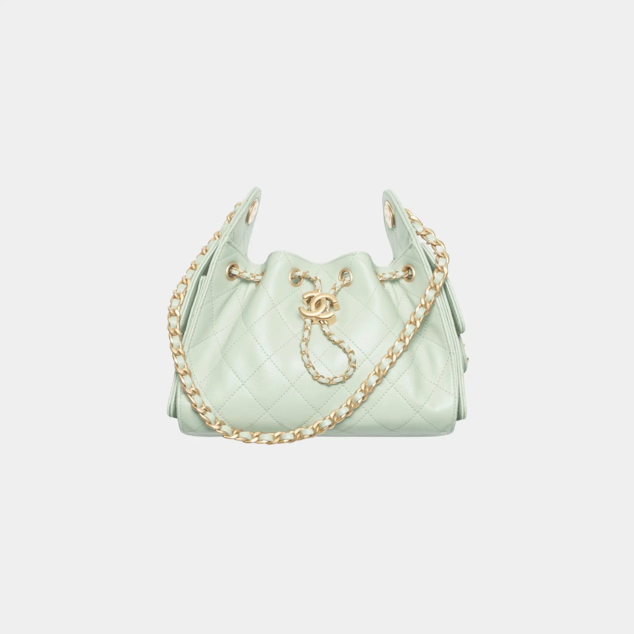 Chanel 25 Mini Handbag in Grained Calfskin & Gold-Tone Metal, Light Green, Front