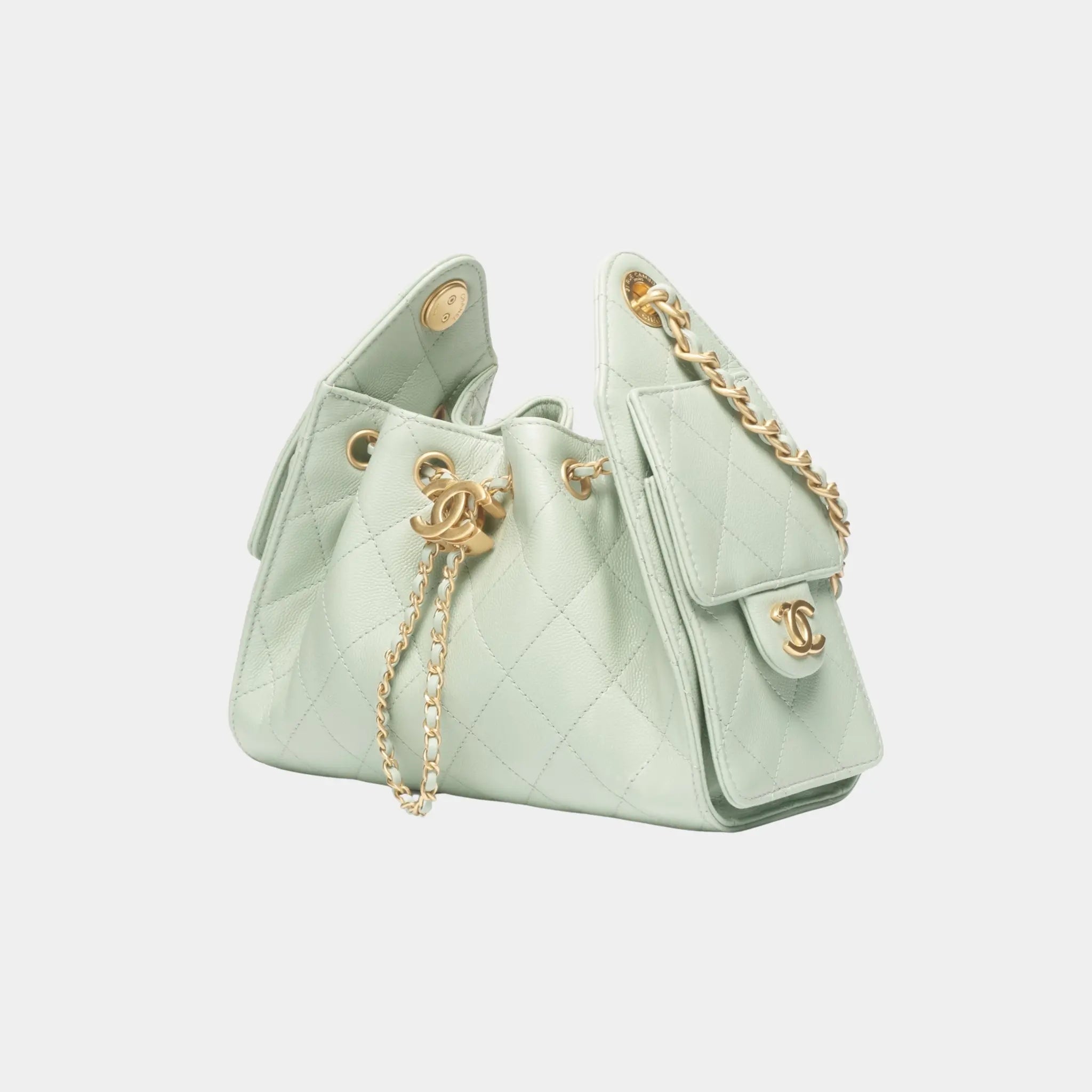 Chanel 25 Mini Handbag in Grained Calfskin & Gold-Tone Metal, Light Green, Side