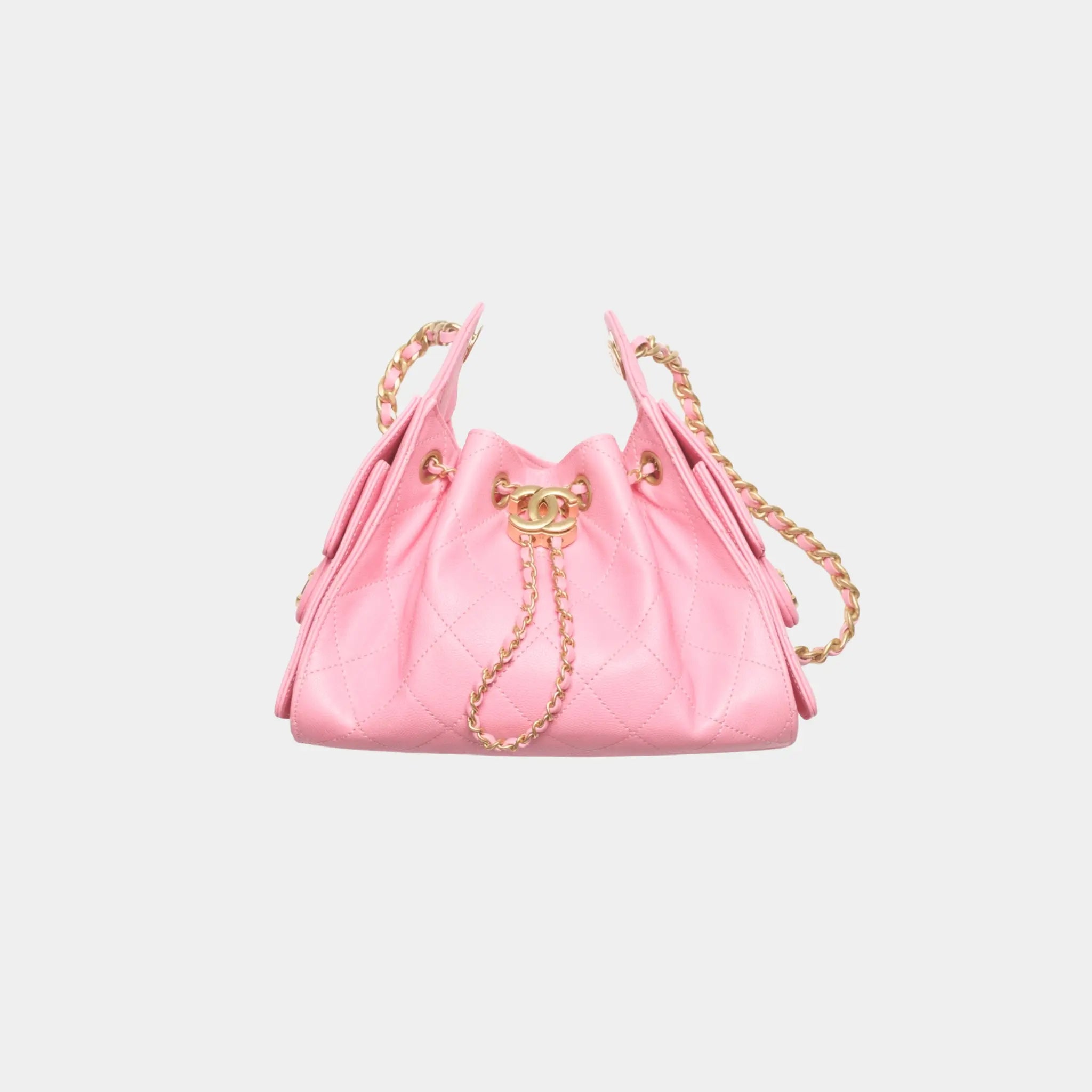 Chanel 25 Mini Handbag in Grained Calfskin & Gold-Tone Metal, Pink, Front