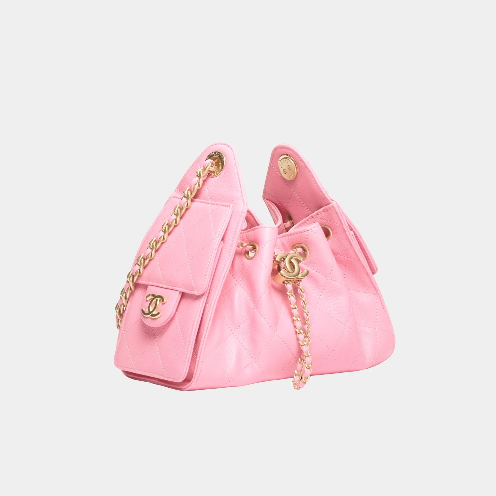 Chanel 25 Mini Handbag in Grained Calfskin & Gold-Tone Metal, Pink, Side